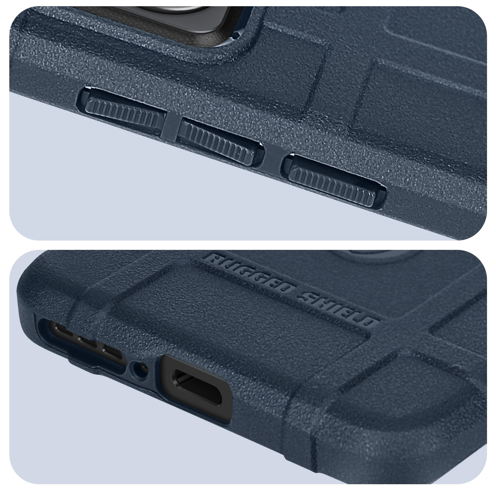 Primo piano di una custodia per telefono blu scuro. I pulsanti di accensione e volume sono visibili.