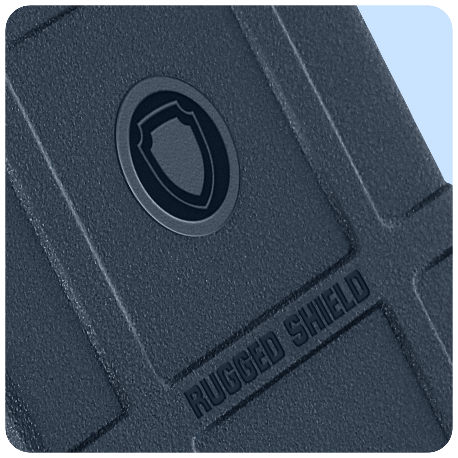 Primo piano di una custodia Rugged Shield blu scuro, con un logo e le parole