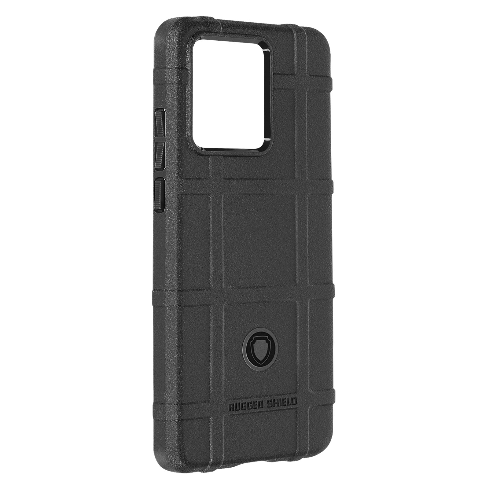 Custodia per telefono Rugged Shield nera. Ha un design strutturato e il logo Rugged Shield sul retro.