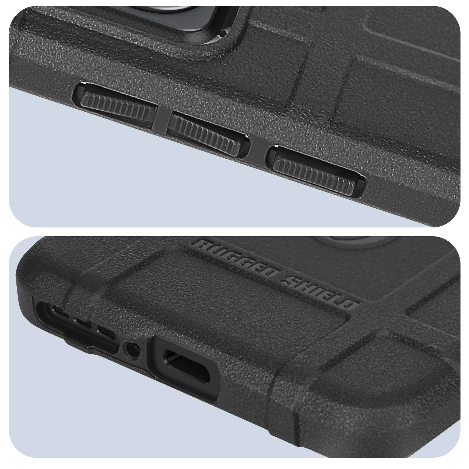 Primo piano dei dettagli della custodia nera del telefono: pulsanti del volume e le parole 'RUGGED SHIELD'.