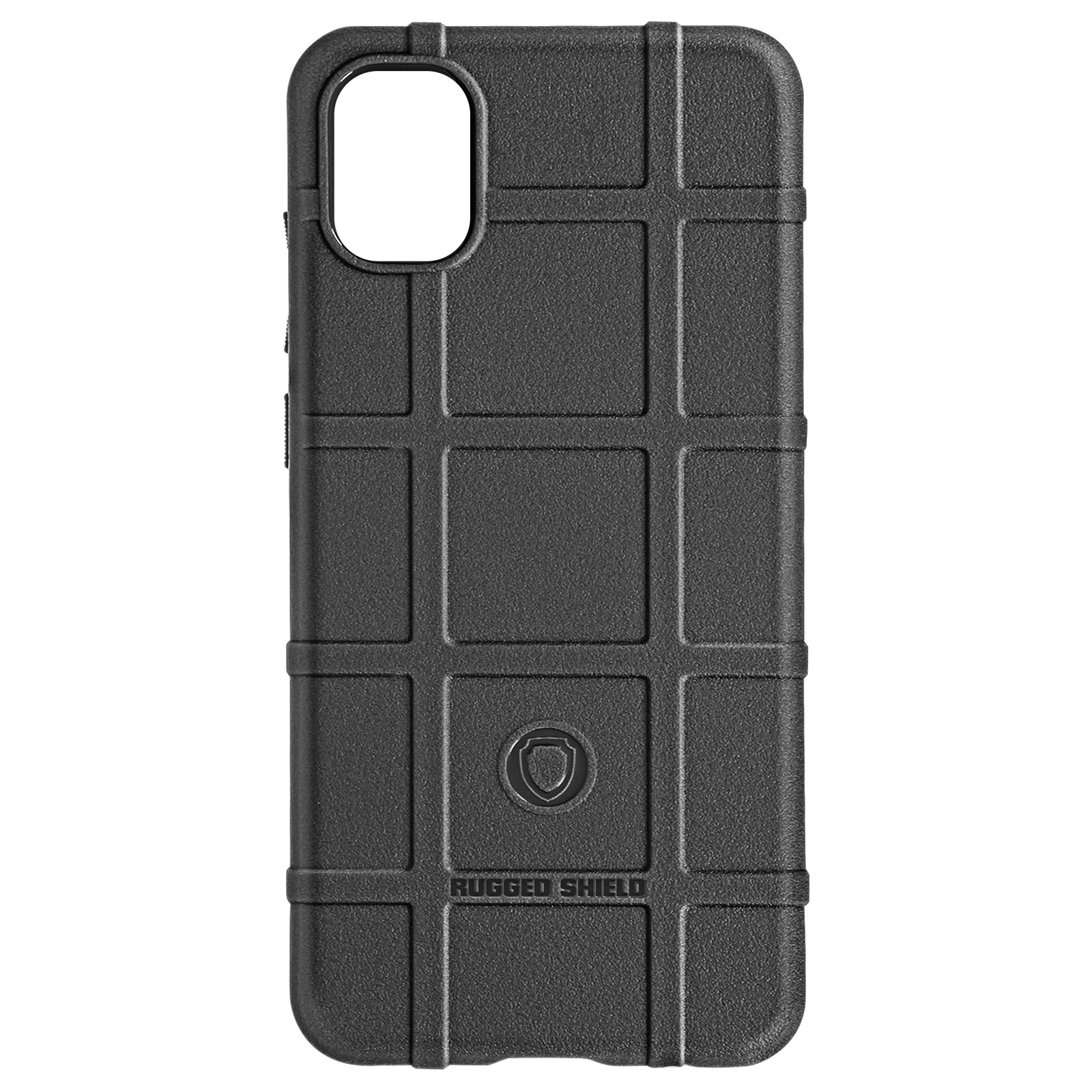 Custodia nera per telefono. La custodia ha un motivo a griglia e le parole 'Rugged Shield' e un logo.
