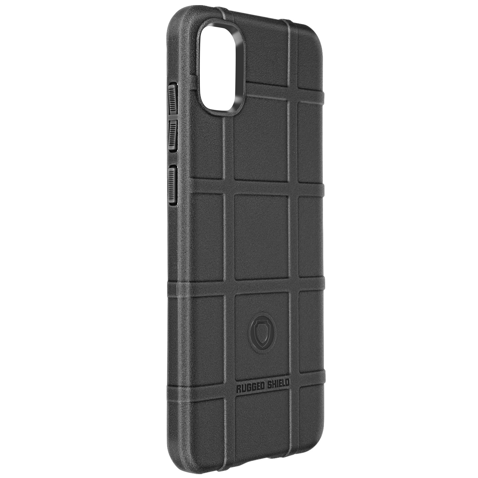 Custodia nera per telefono con motivo a griglia strutturato e la scritta 'RUGGED SHIELD'. La custodia è per un telefono.