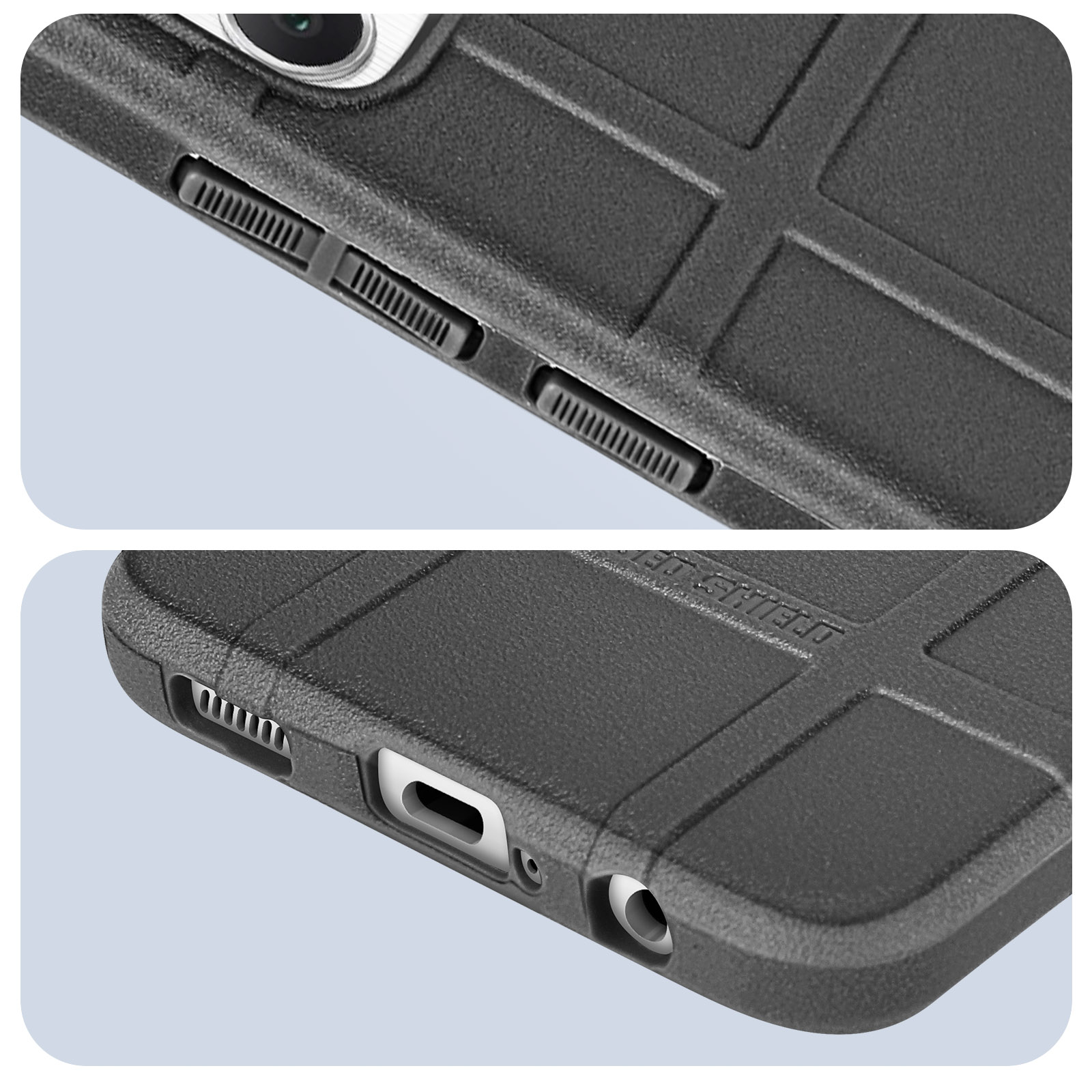 Primo piano dei pulsanti e delle porte di una custodia per telefono nera. Texture e design dettagliati della custodia.