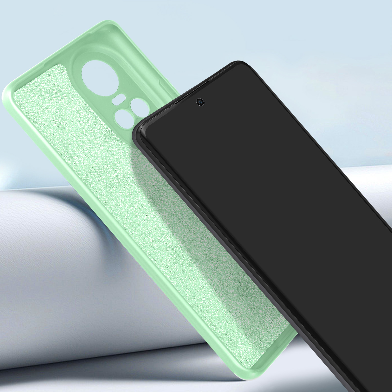 Custodia per telefono verde con retro strutturato verde chiaro e un telefono nero.