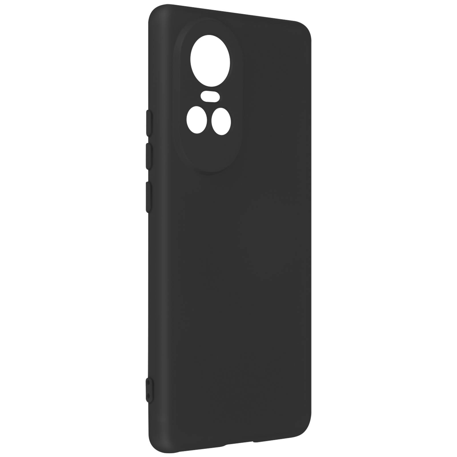 Custodia per telefono nera. Copre la parte posteriore e i lati del telefono. Fori per la fotocamera.