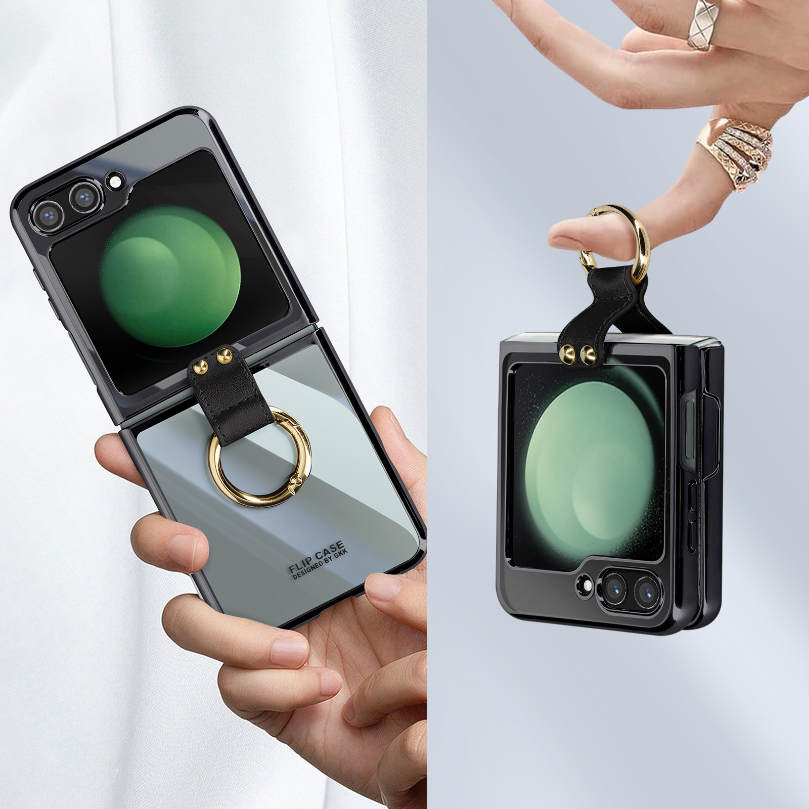 Ein schwarzes, zusammenklappbares Telefon mit einem Ringhalter wird offen und geschlossen gezeigt. Eine Frau hält das geschlossene Telefon mit einem Ring.
