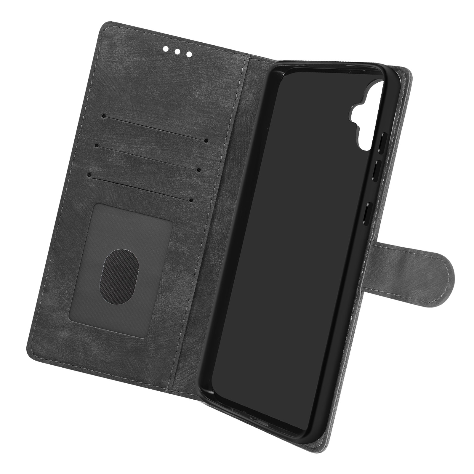 Dunkelgraue Leder-Handyhülle, geöffnet mit schwarzem Telefon.