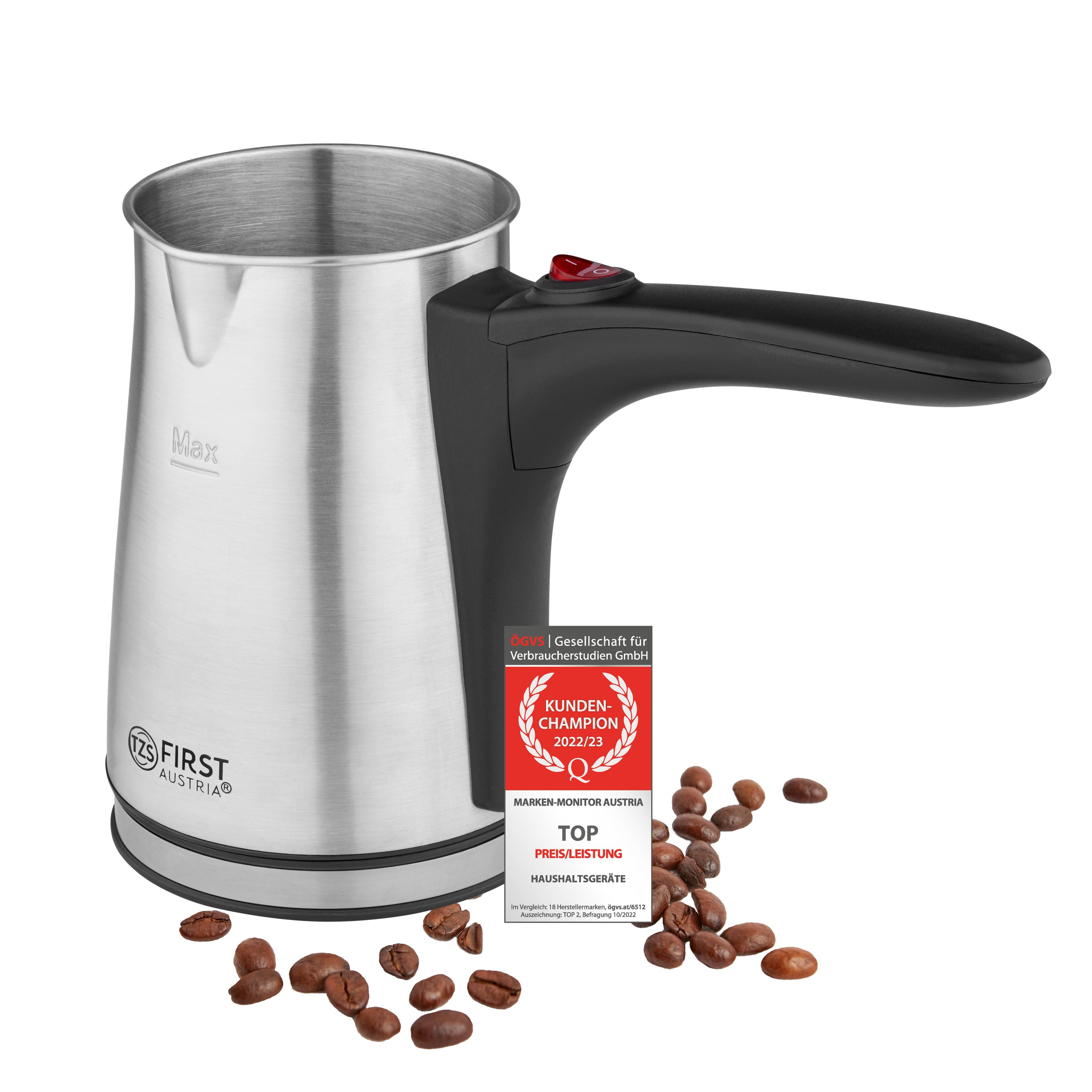 Kaffeekanne mit Kaffeebohnen und einer Kundenzufriedenheitsauszeichnung.