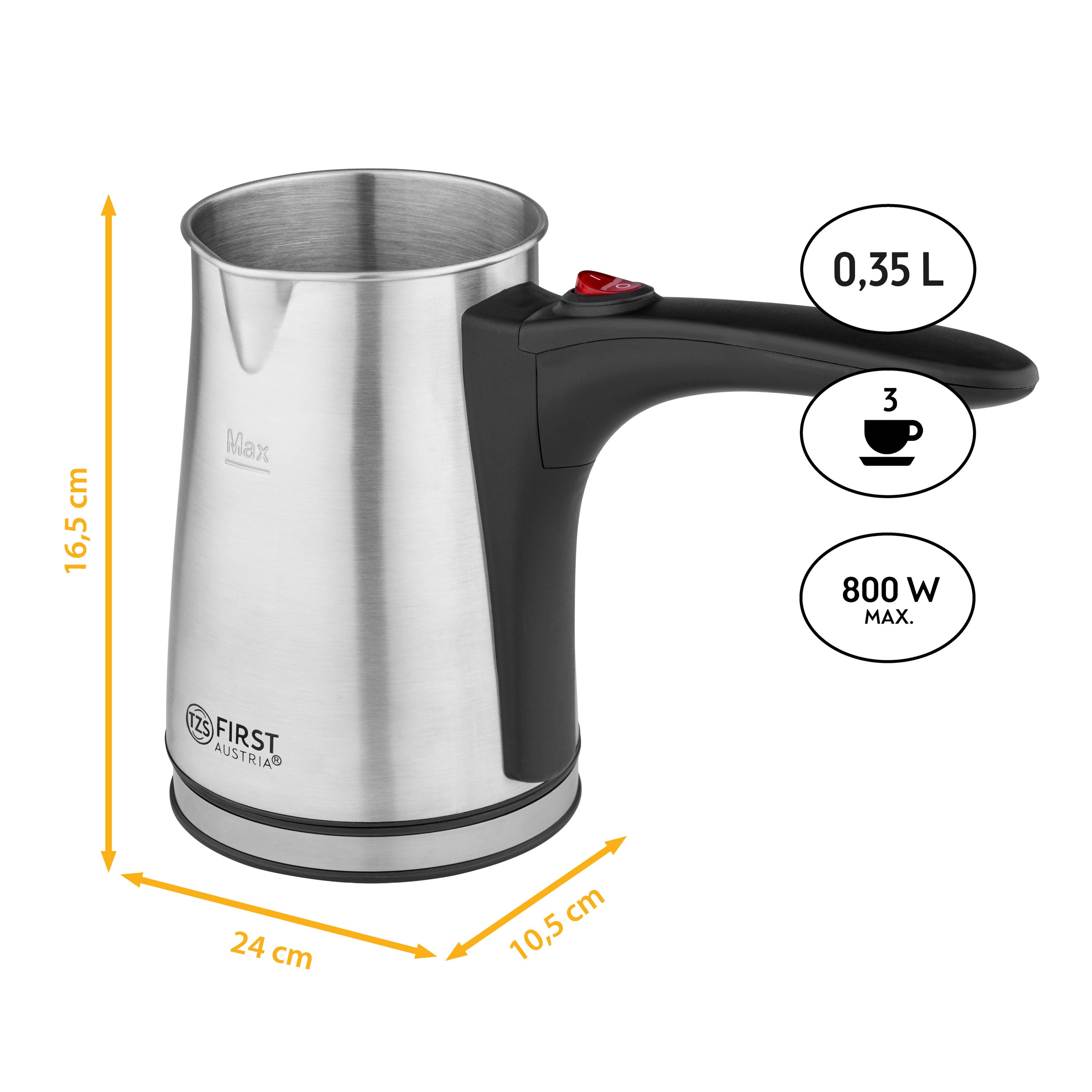 Türkische Kaffeekanne aus Edelstahl mit schwarzem Griff. Messungen und Kapazitätsangaben vorhanden.