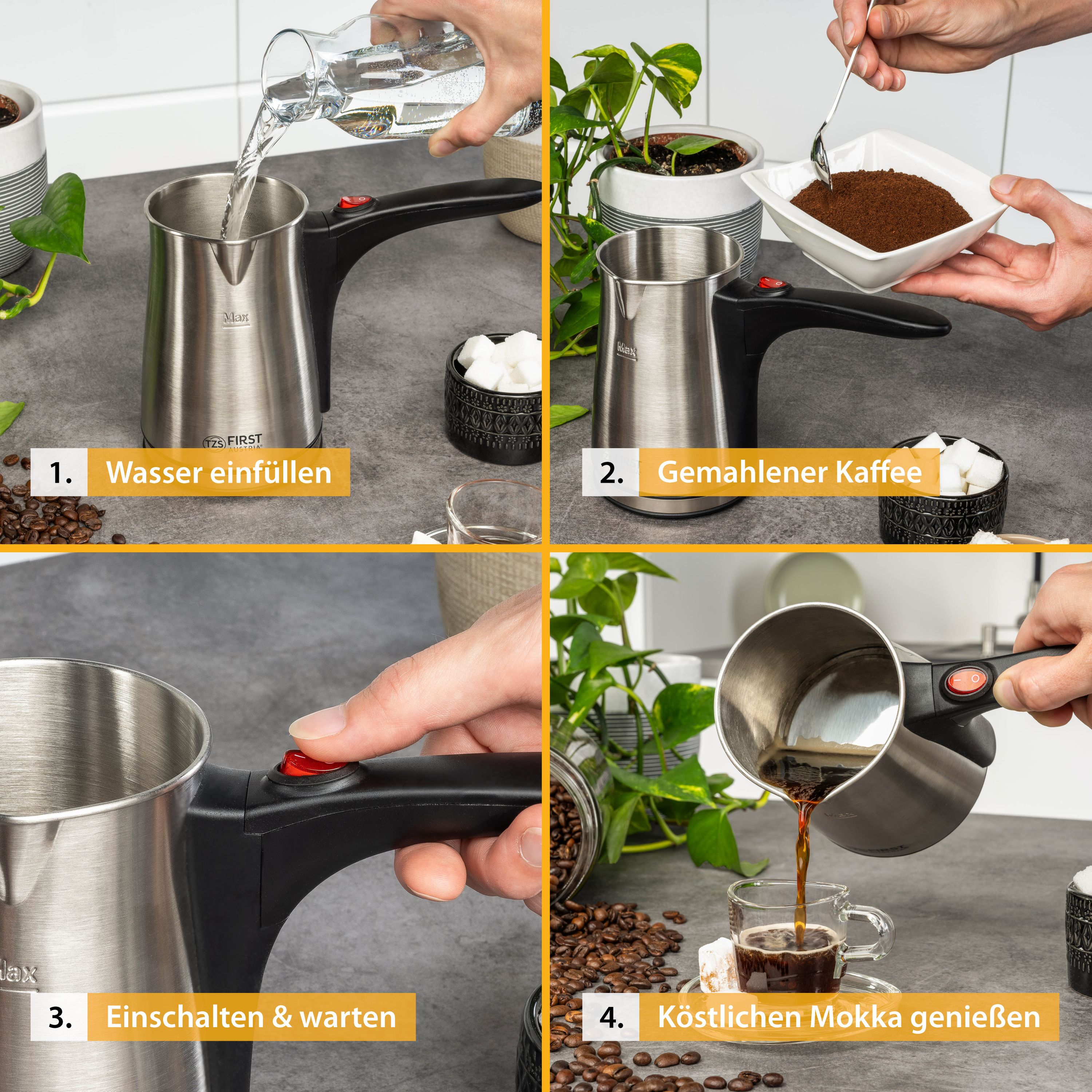 Vier-Panel-Bild mit den Schritten zur Kaffeezubereitung. Wasser hinzufügen, Kaffee, Brühen und in eine Tasse gießen.