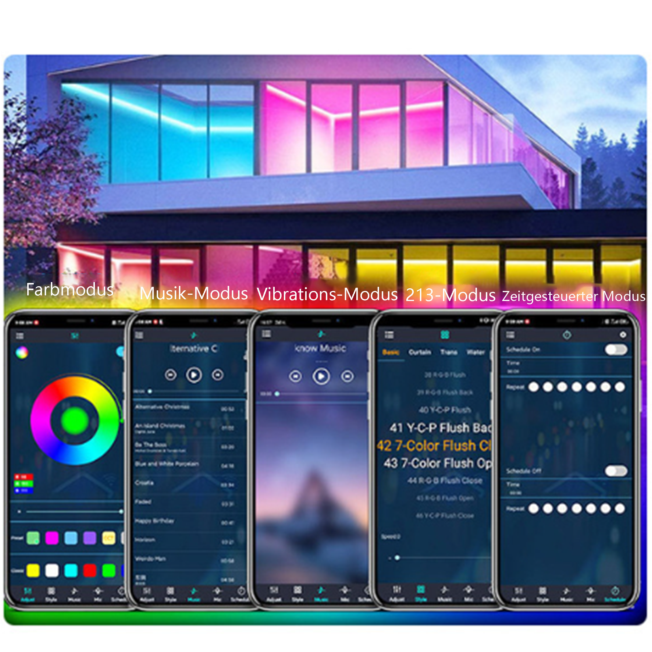 Smart Home-Steuerungsoberfläche auf mehreren Handys. Zeigt Farbkreis, Musikmodus und Zeitplanoptionen.