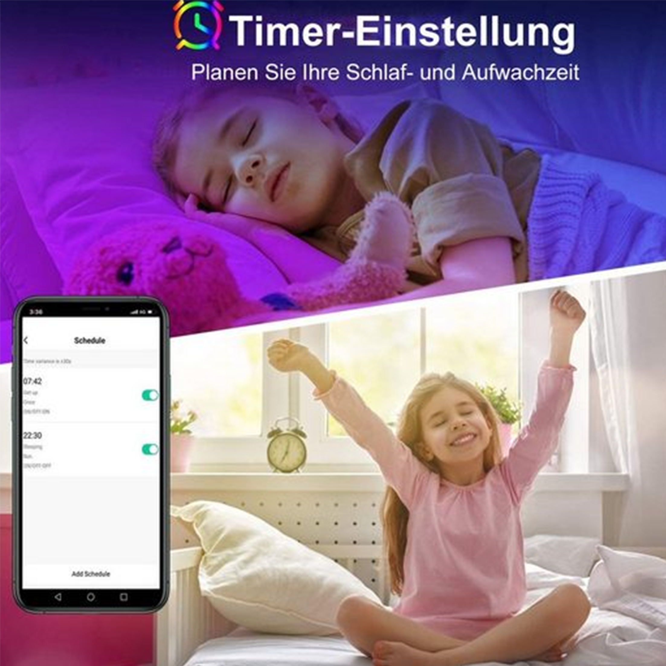Geteiltes Bild. Oben zeigt es ein schlafendes Mädchen, unten ein aufwachendes Mädchen. Telefon zeigt Schlafzeitschalter.