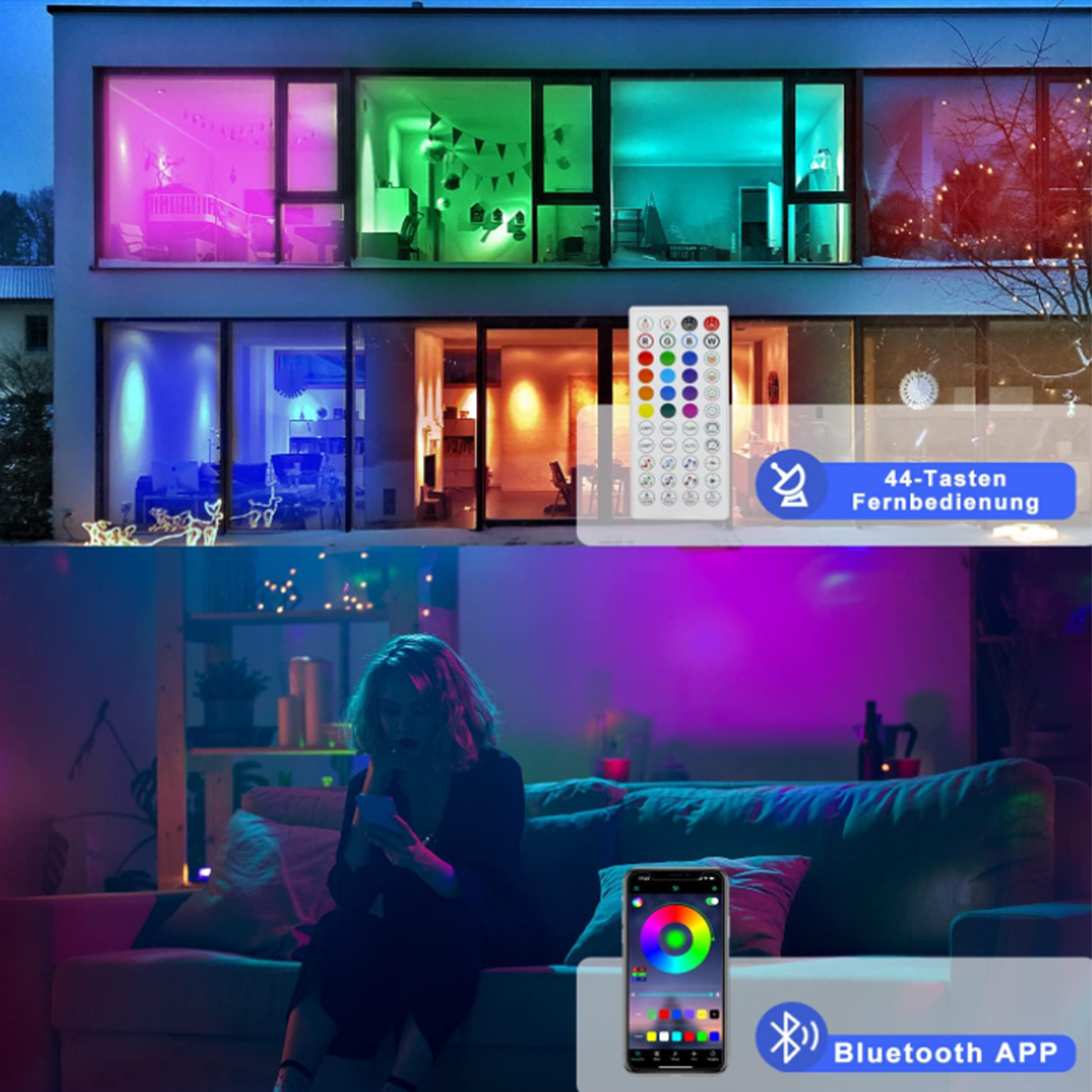 Modernes Haus mit bunten Lichtern in den Fenstern. Person benutzt Smartphone. Bluetooth-App.