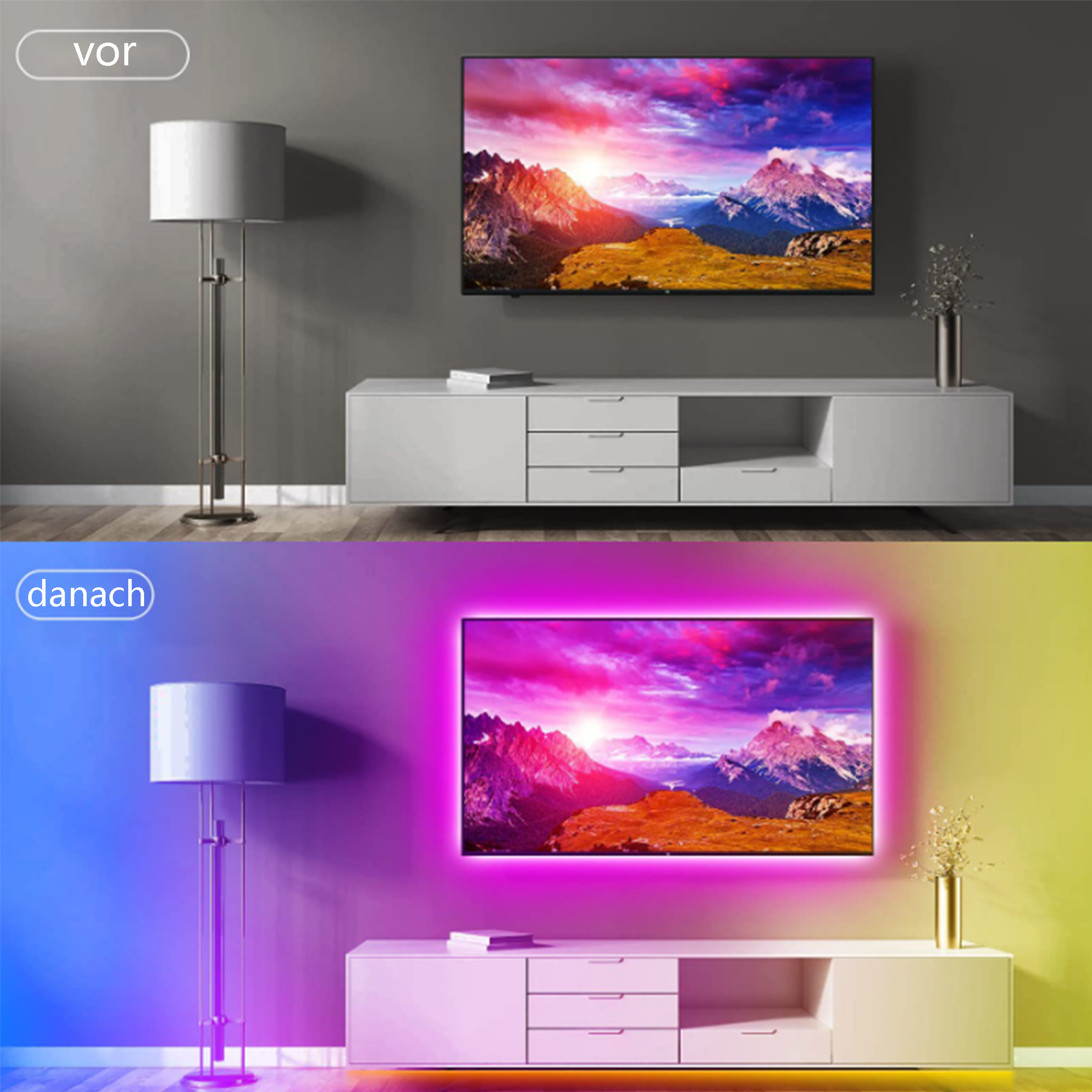 Wohnzimmer: Vorher-Nachher. TV an der Wand. Nachher, TV mit farbiger LED-Beleuchtung.