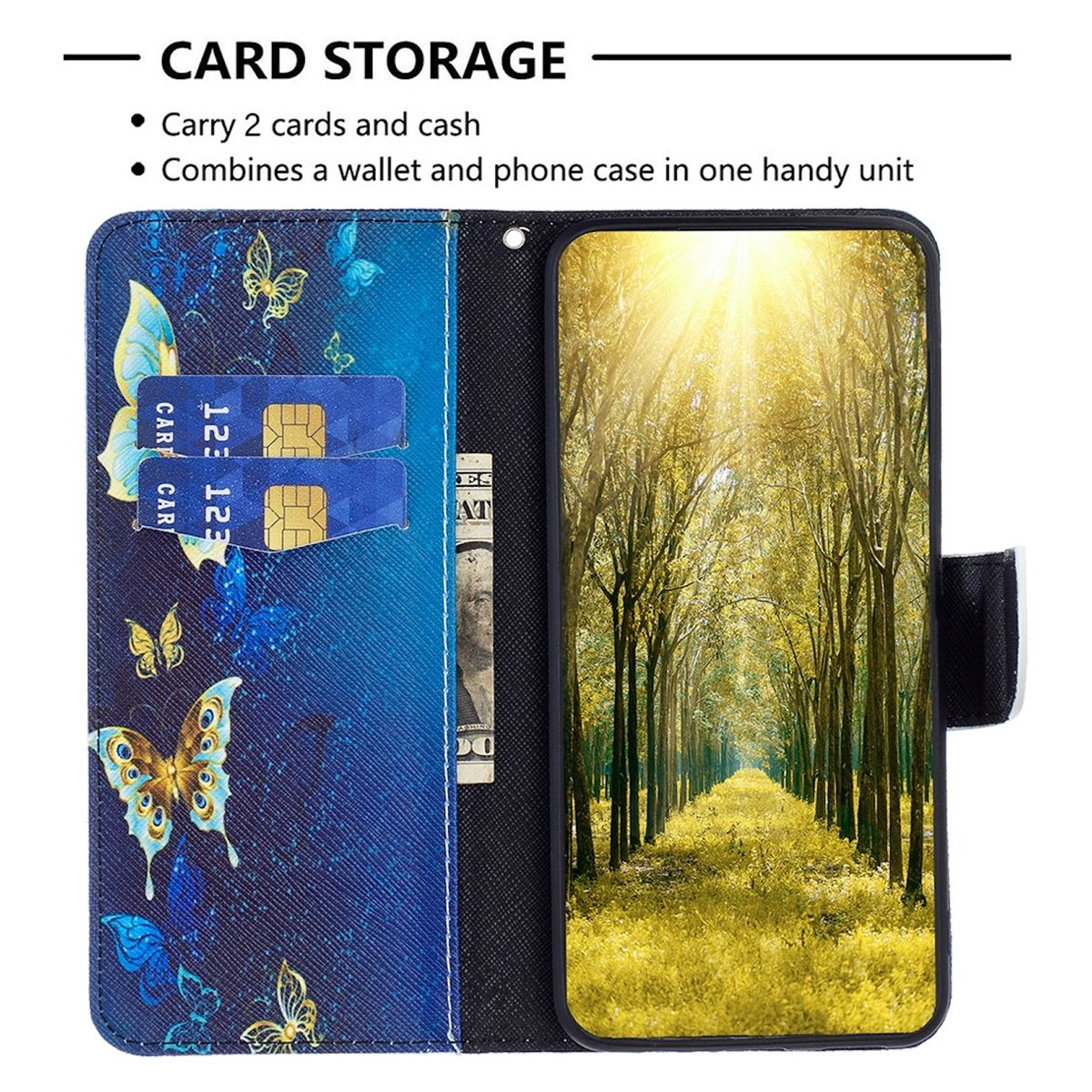 & Tasche Wallet WIGENTO 13, Fach, / Xiaomi, Motiv Book Redmi Geld Kreditkarten Druck Blau mit Bookcover, Note