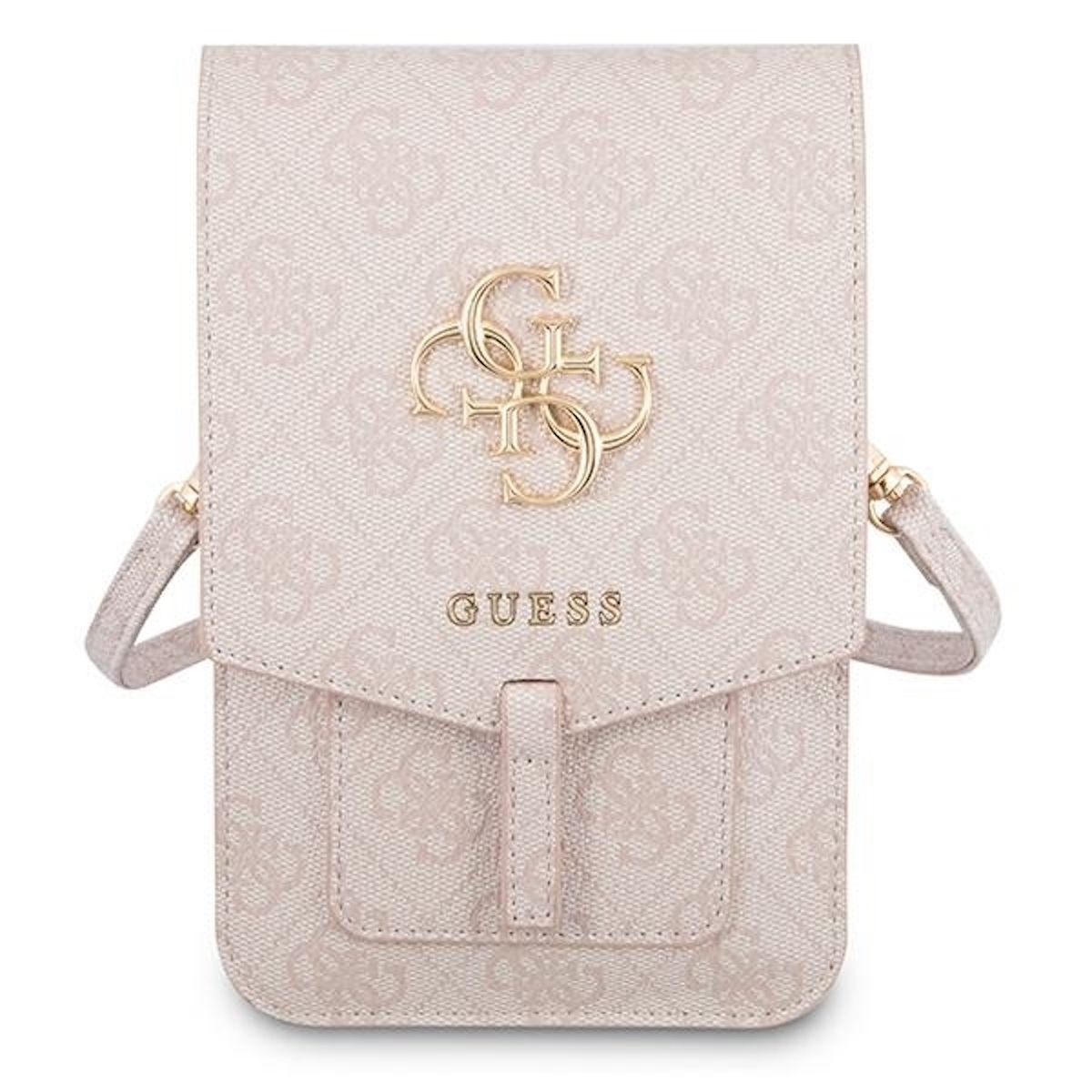Una borsa a tracolla Guess beige con un design del logo e una patta.