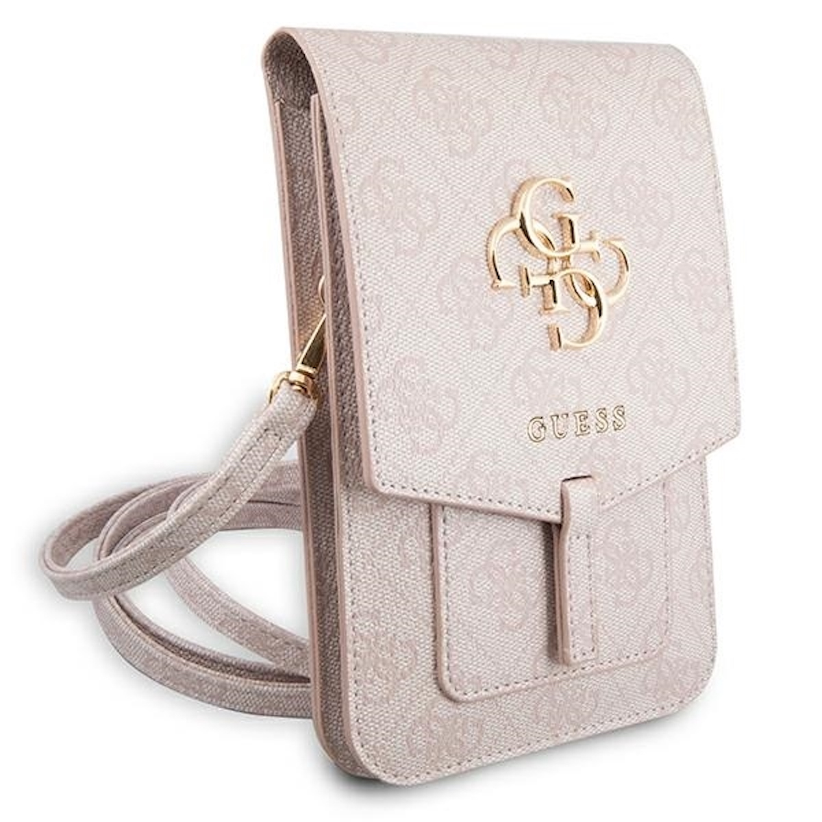 Custodia rosa Guess con logo dorato e cinturino, su sfondo bianco.