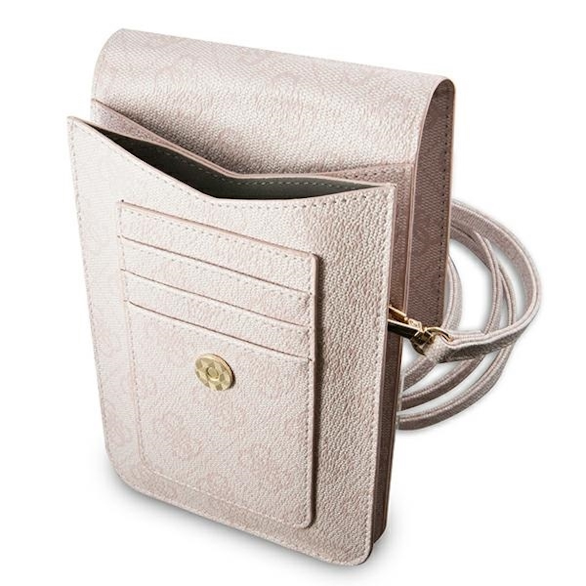 Una borsa rosa per telefono con patta e fessure per carte. Ha una lunga tracolla e una chiusura dorata.