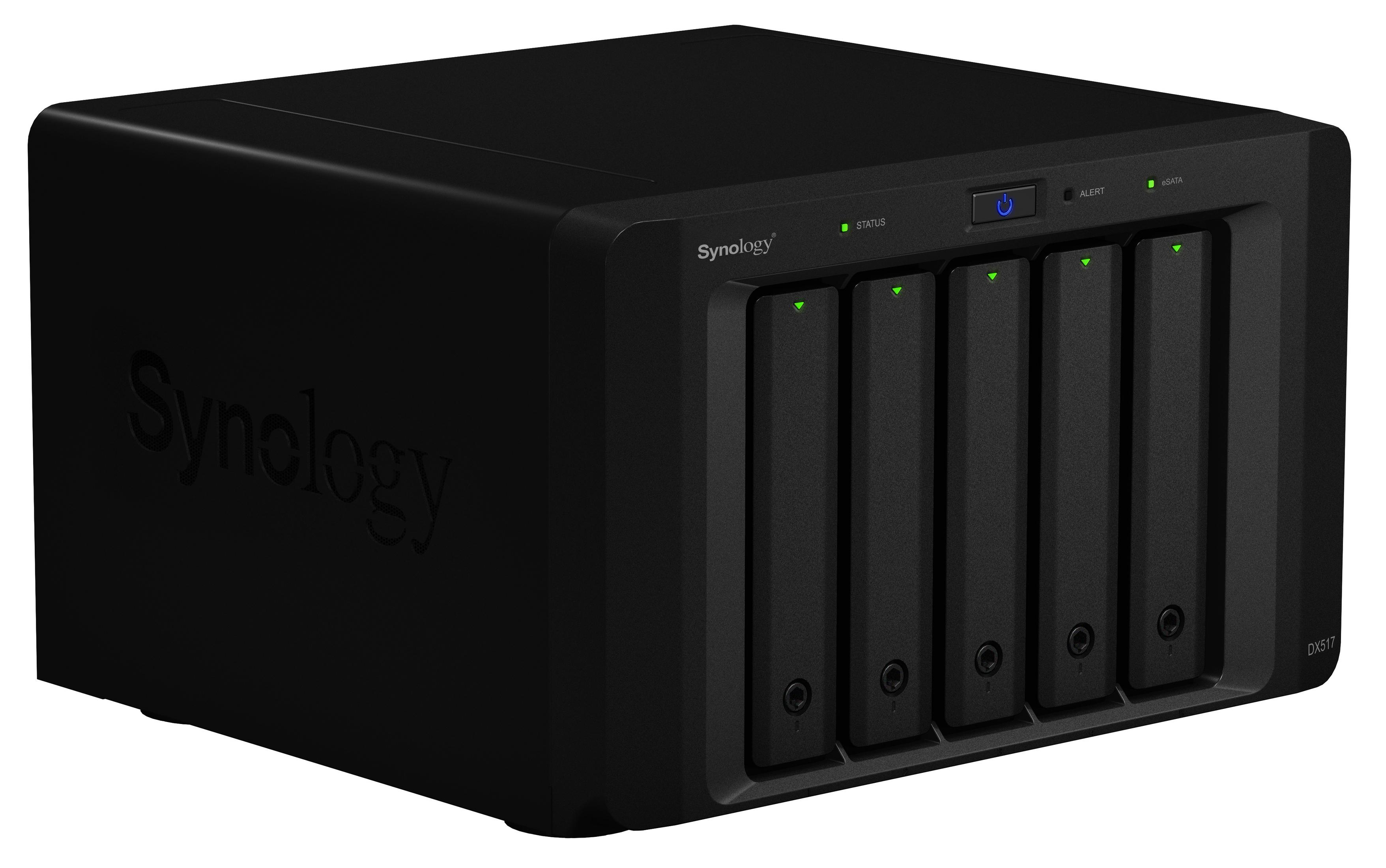 Schwarzes Synology DX517 NAS. Seitenansicht, zeigt das Synology Logo und Laufwerksschacht.