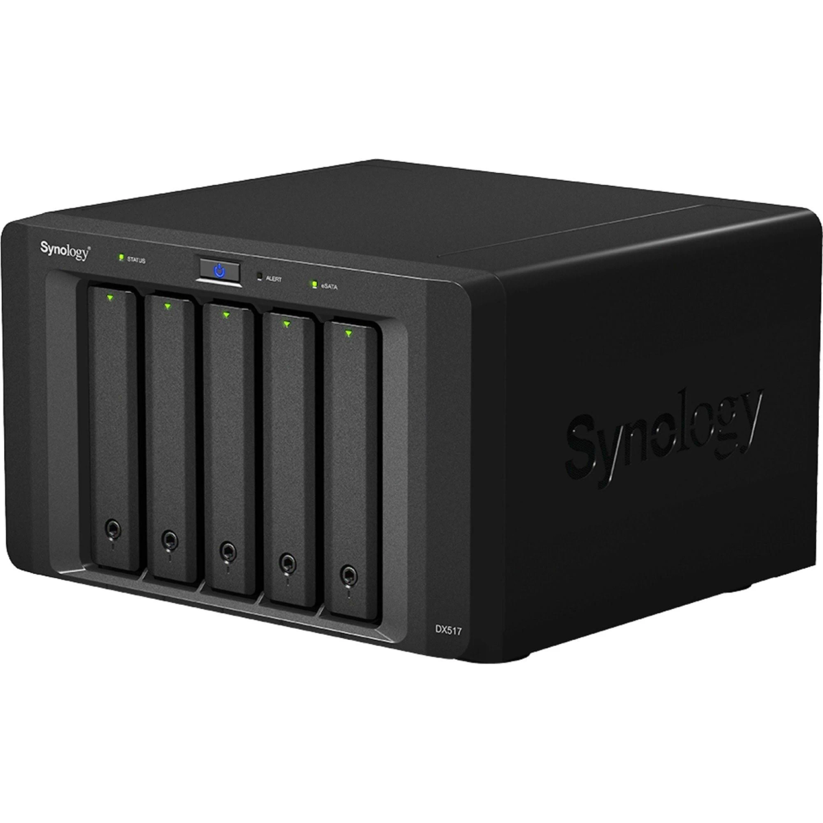Schwarzes Synology DX517 NAS. Vorderansicht mit fünf Laufwerksschächten. Synology Logo.