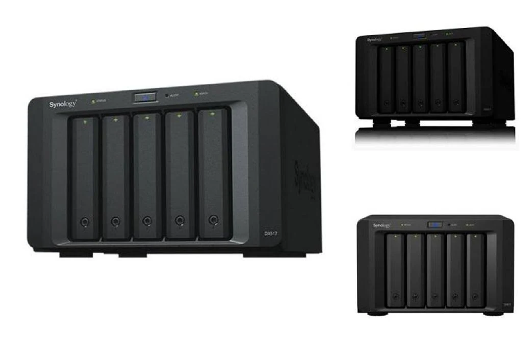 Mehrere Ansichten eines schwarzen Synology DX517 NAS. Vorder-, Seiten- und Draufsicht.