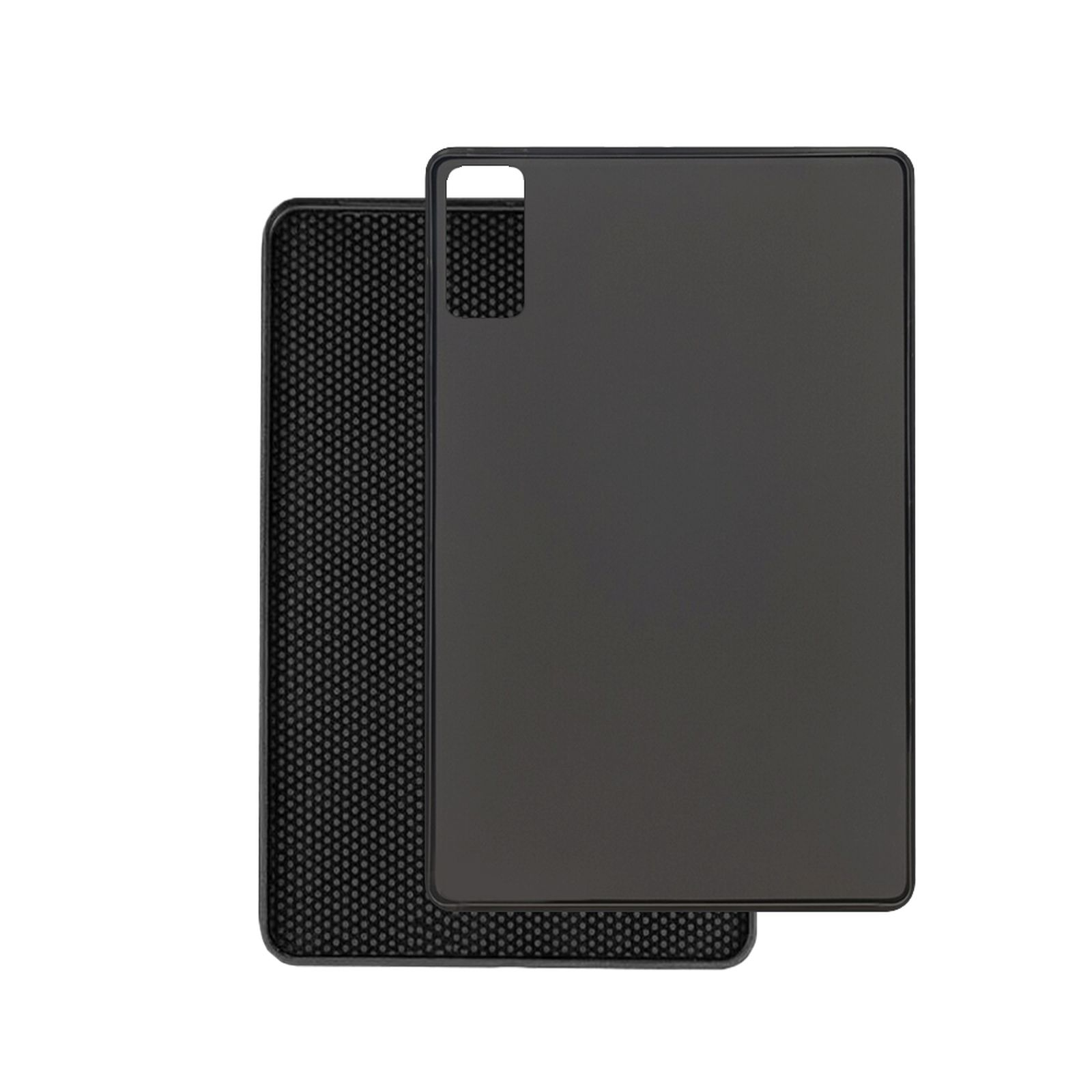 Eine schwarze Tablet-Hülle mit Wabenmuster innen und fester Rückseite.