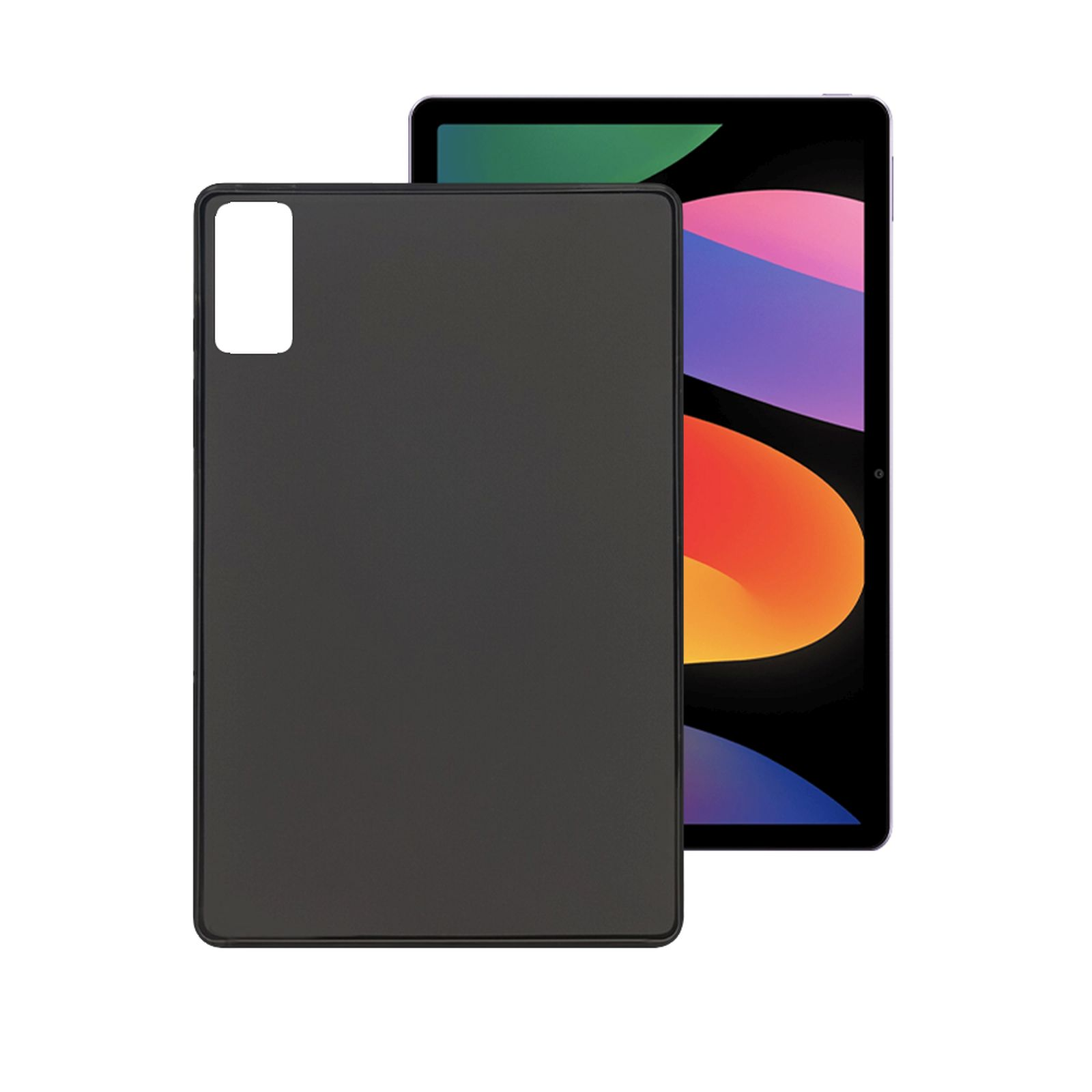 Eine schwarze Tablet-Hülle mit einem Tablet darin, dessen Bildschirm eine farbenfrohe Benutzeroberfläche zeigt.