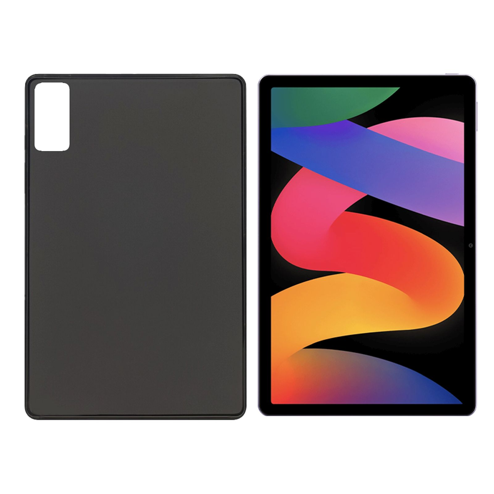Tablet mit schwarzem Gehäuse, zeigt die Rückseite und den Bildschirm.