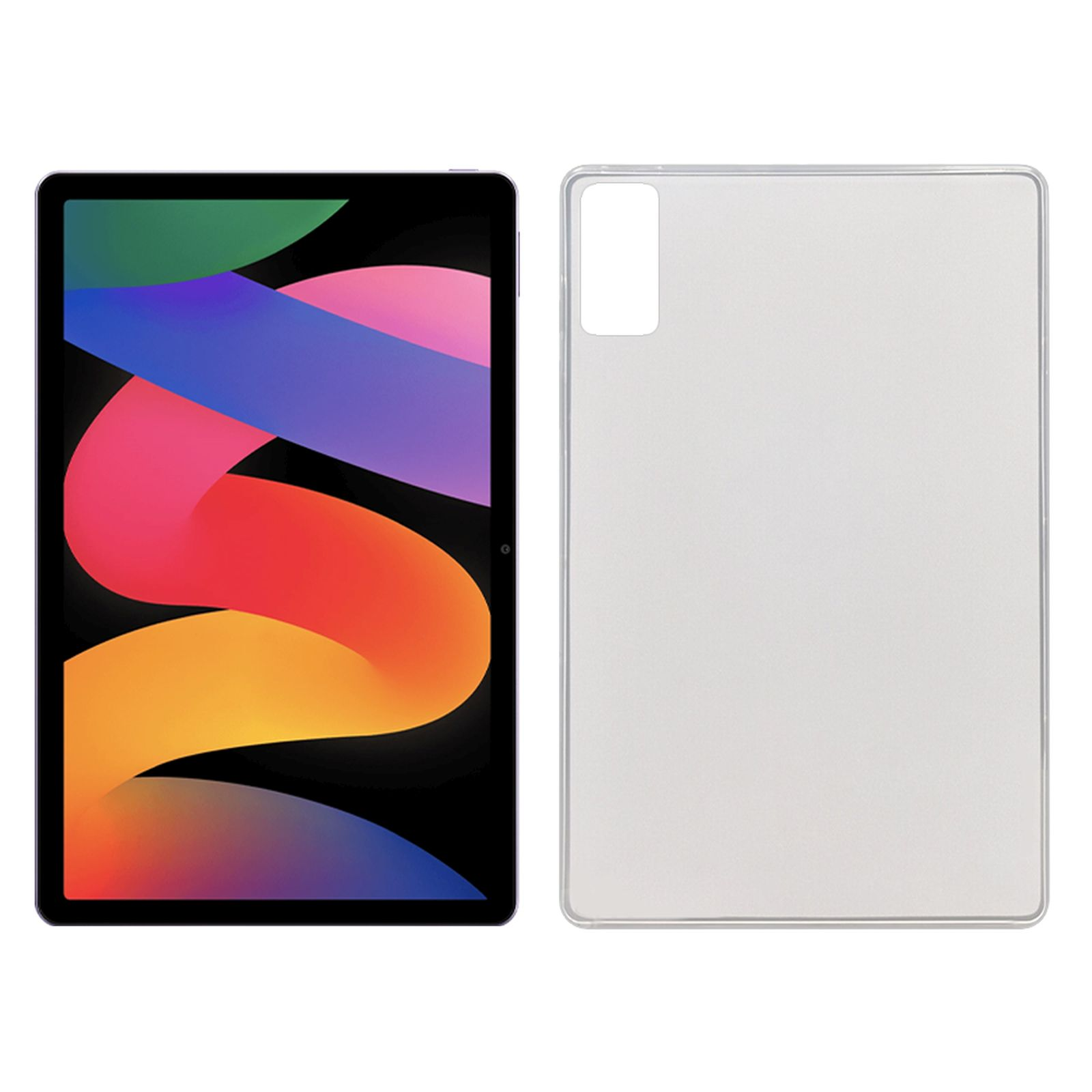 Ein Tablet mit einem Bildschirm, der ein farbenfrohes abstraktes Design zeigt, und einer Hülle.