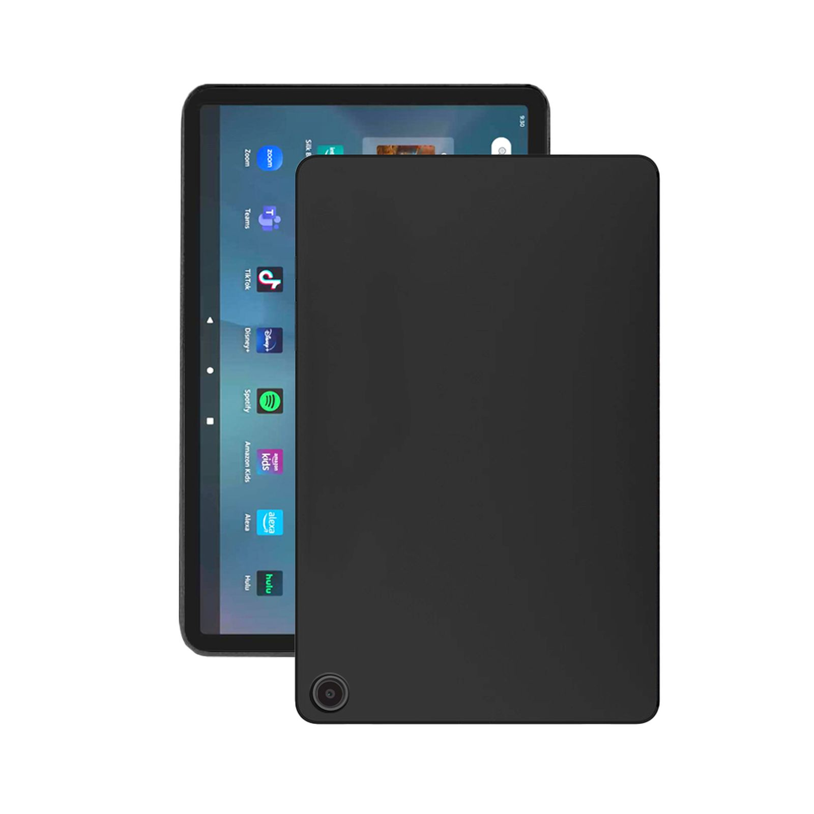 Schwarzes Tablet mit schwarzem Gehäuse. Der Bildschirm zeigt Apps wie Zoom, Disney und Spotify.