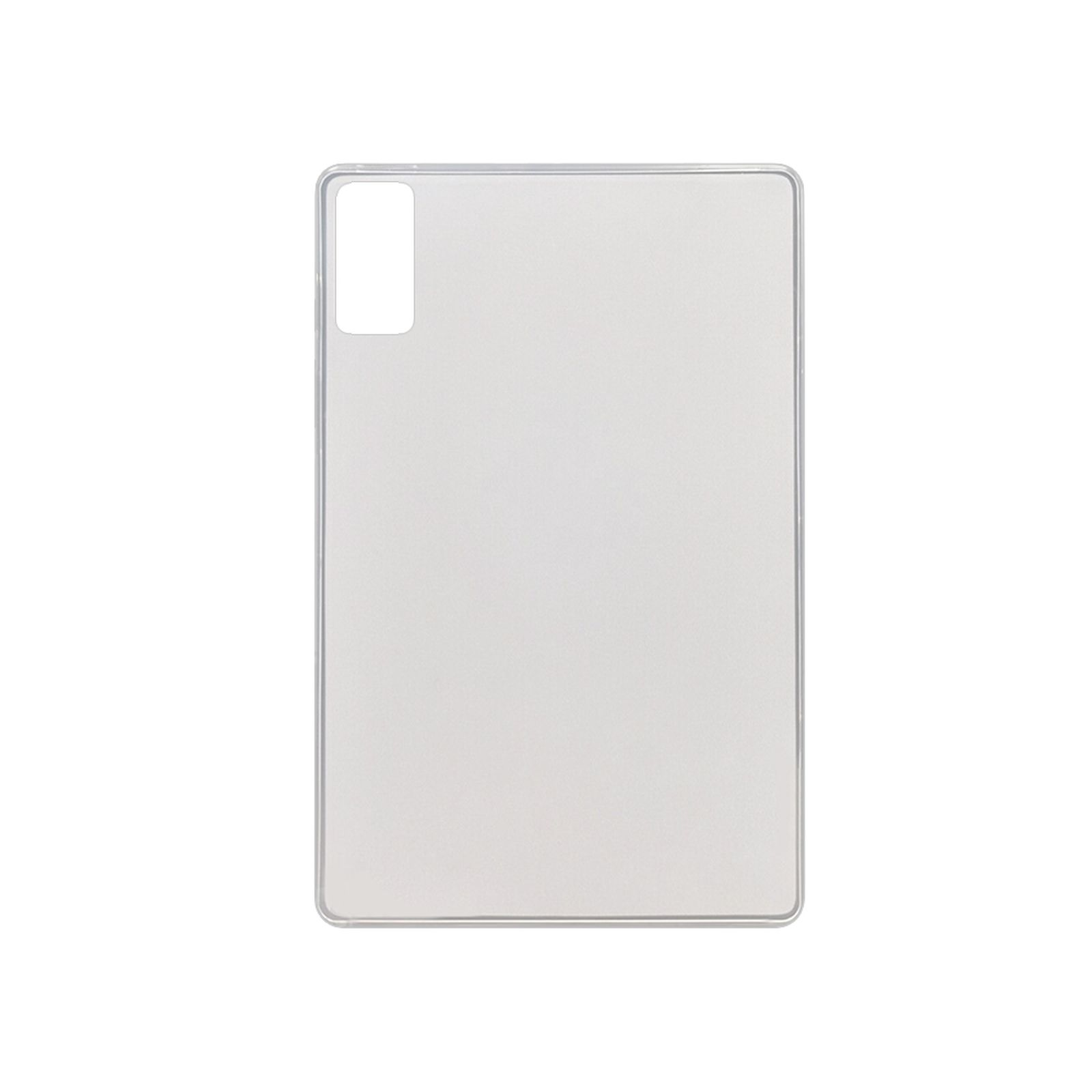 Eine transparente, rechteckige Tablethülle mit Kameraausschnitt auf weißem Hintergrund.