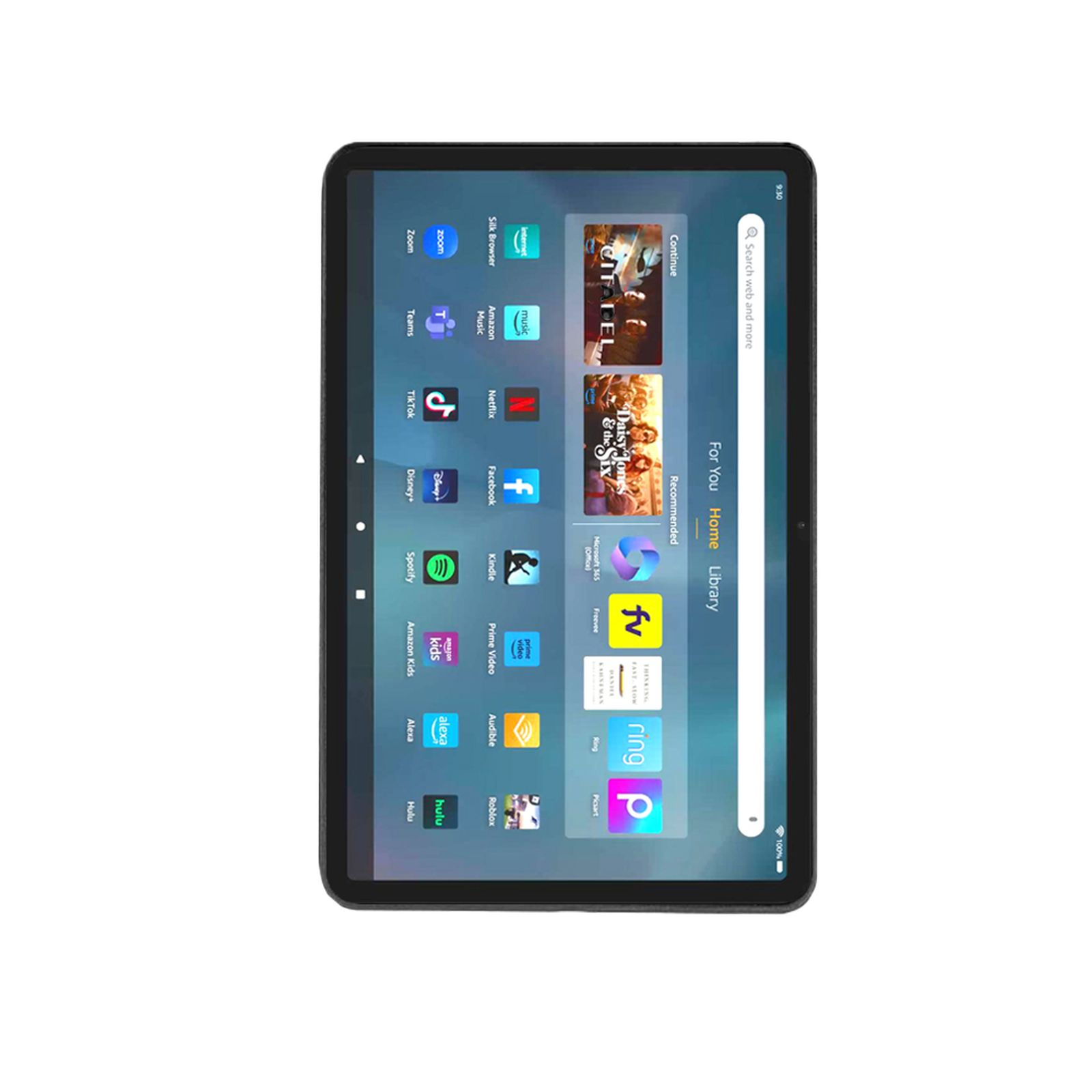 Ein Tablet, das einen Startbildschirm mit verschiedenen App-Symbolen anzeigt. Das Tablet ist schwarz.