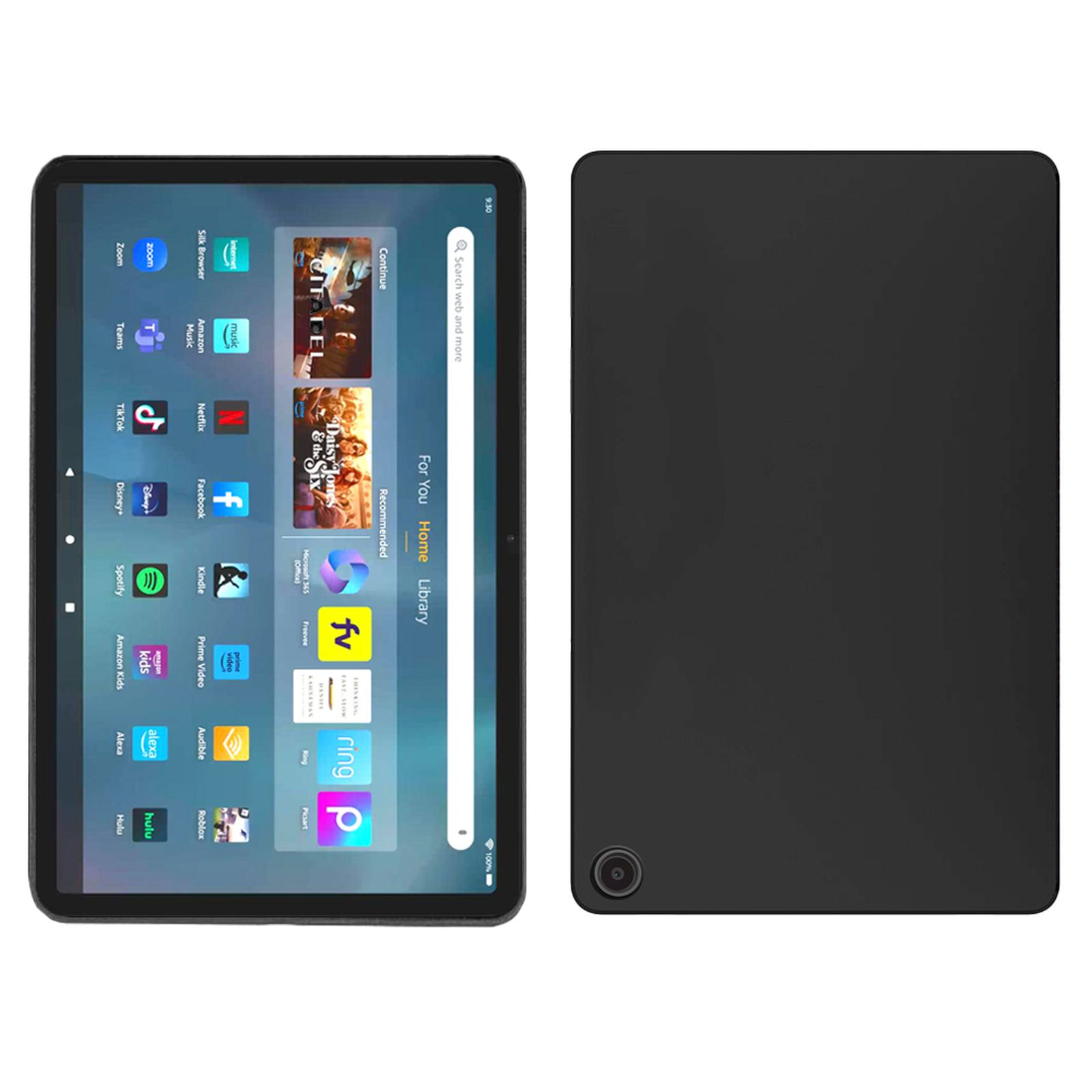 Ein Tablet mit einem Bildschirm, der eine App-Oberfläche anzeigt, neben einer schwarzen Hülle. Der Hintergrund ist weiß.