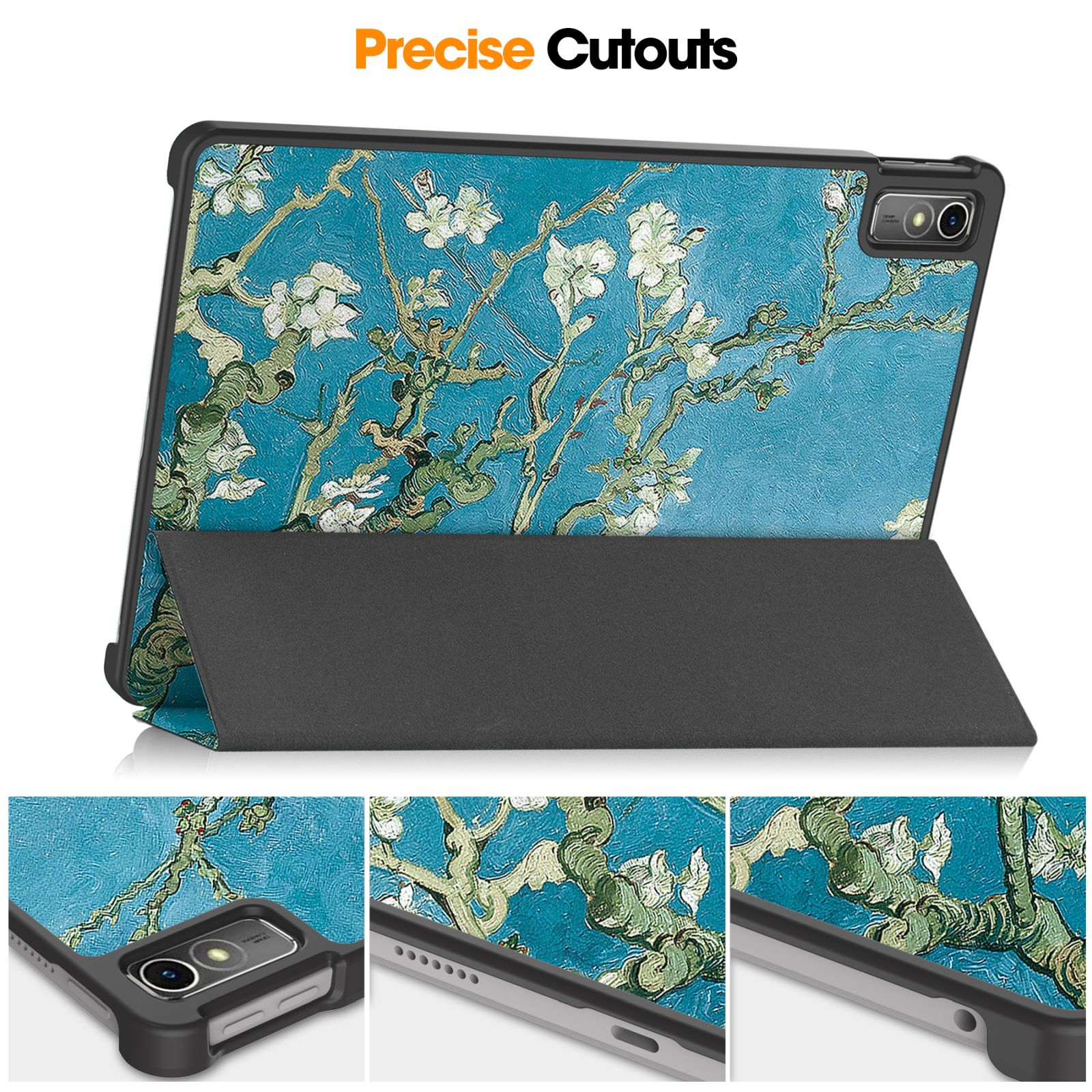Tablet-Hülle mit Van Goghs Mandelblüten-Kunstwerk, mit Hülle. Präzise Ausschnitte gezeigt.
