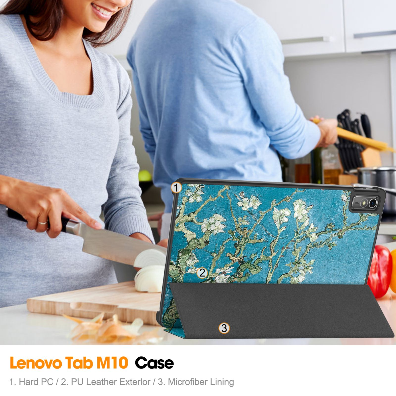 Ein Lenovo-Tablet in einer Hülle mit einem Gemälde. Im Hintergrund schneidet eine Person Zwiebeln.