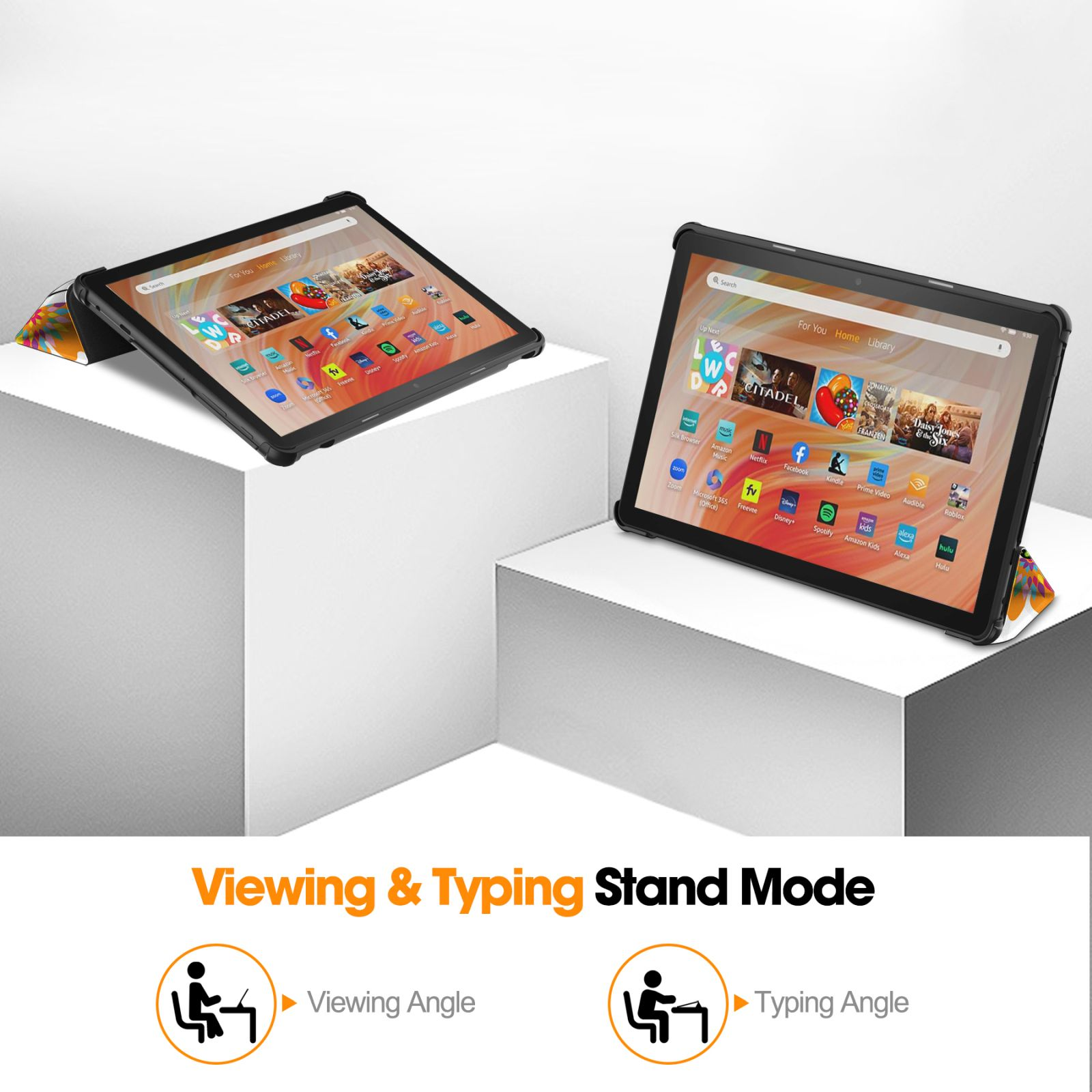 Zwei Tablets, die auf weißen Blöcken angezeigt werden und den Betrachtungs- und Tippständer-Modus mit Symbolen zeigen.