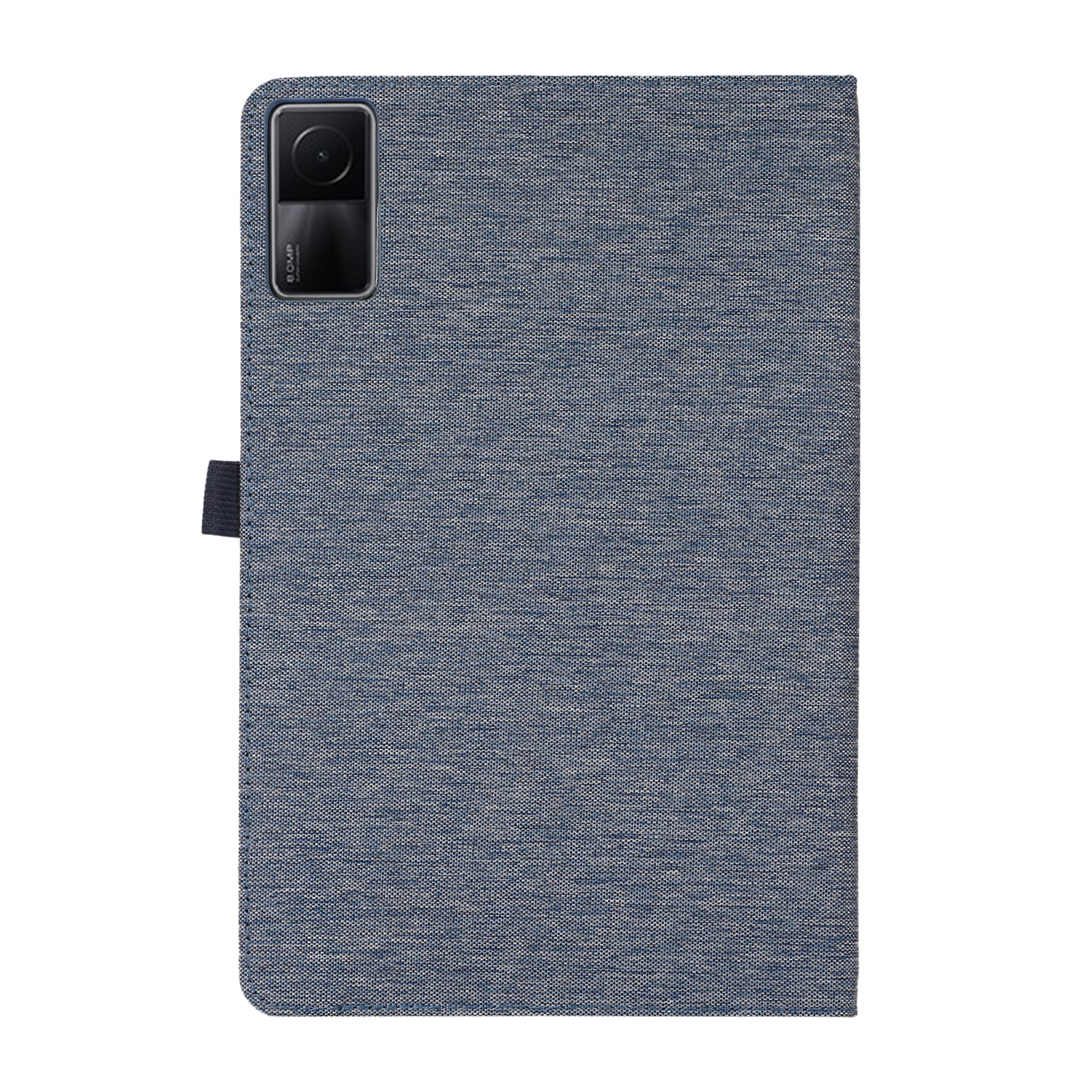 Eine Tablet-Hülle mit jeansartiger Textur. Die Hülle ist geschlossen und zeigt die Kamera.