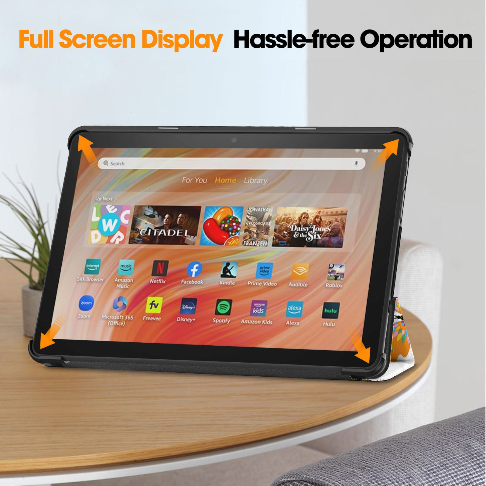 Tablet mit Apps auf dem Bildschirm, in einem Case. Es liegt auf einem Tisch mit Pflanze.