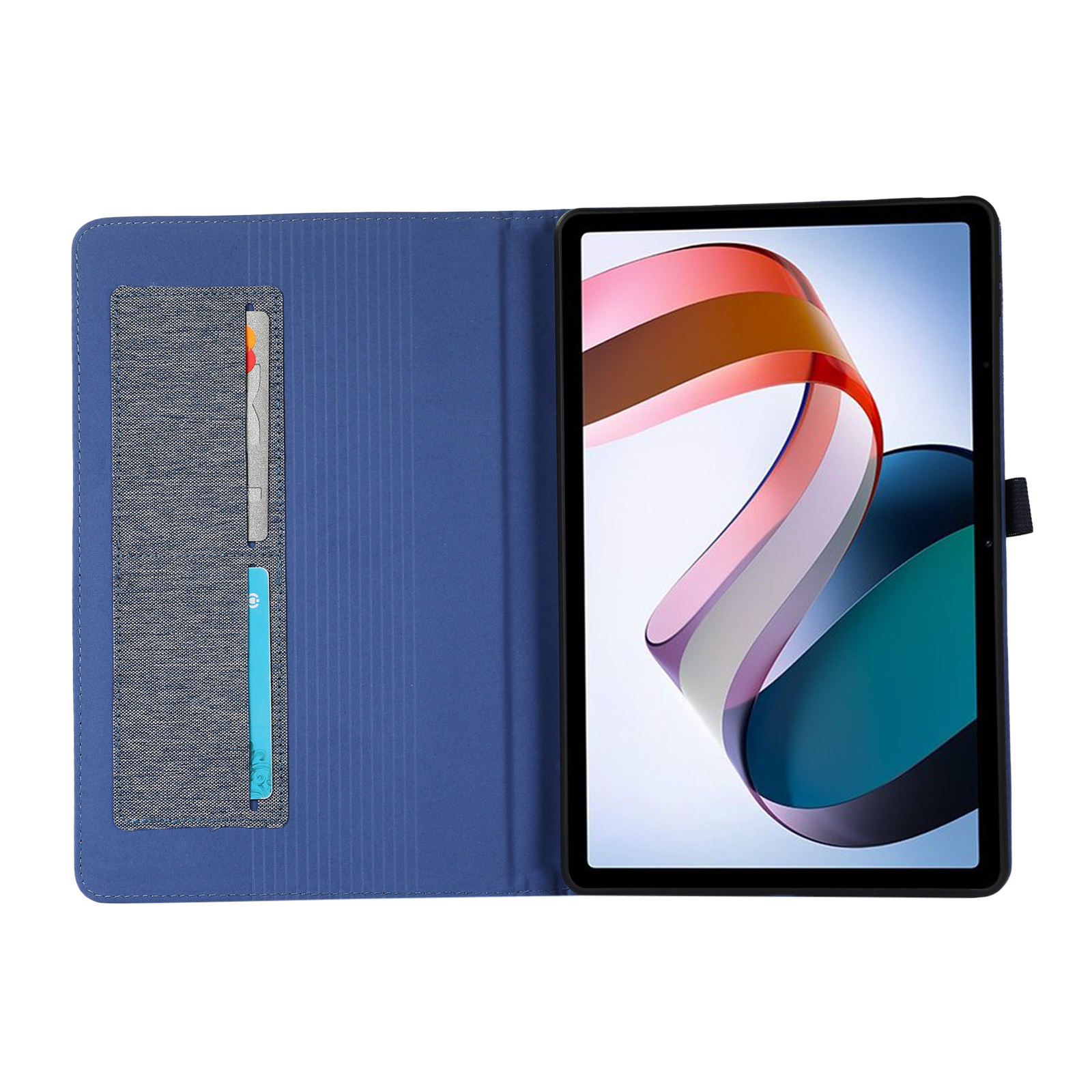 Blaue Tablet-Hülle offen, mit Tablet mit buntem abstraktem Bild. Kartenfächer sichtbar.
