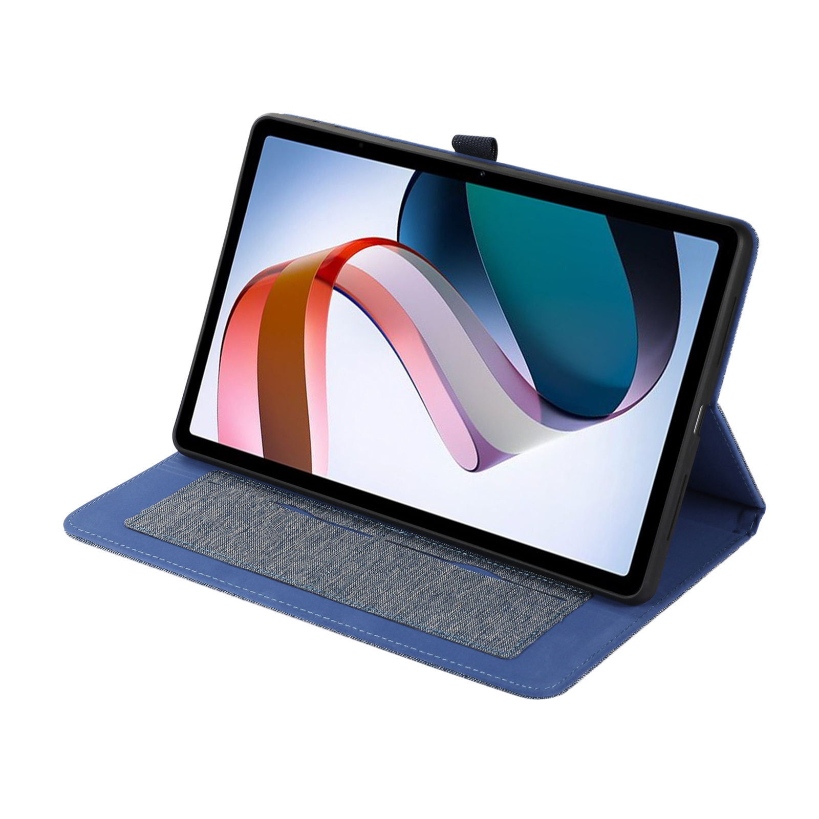 Blaue Tablethülle mit Tablet darin. Die Hülle hat eine Tastatur und steht auf weißem Hintergrund.