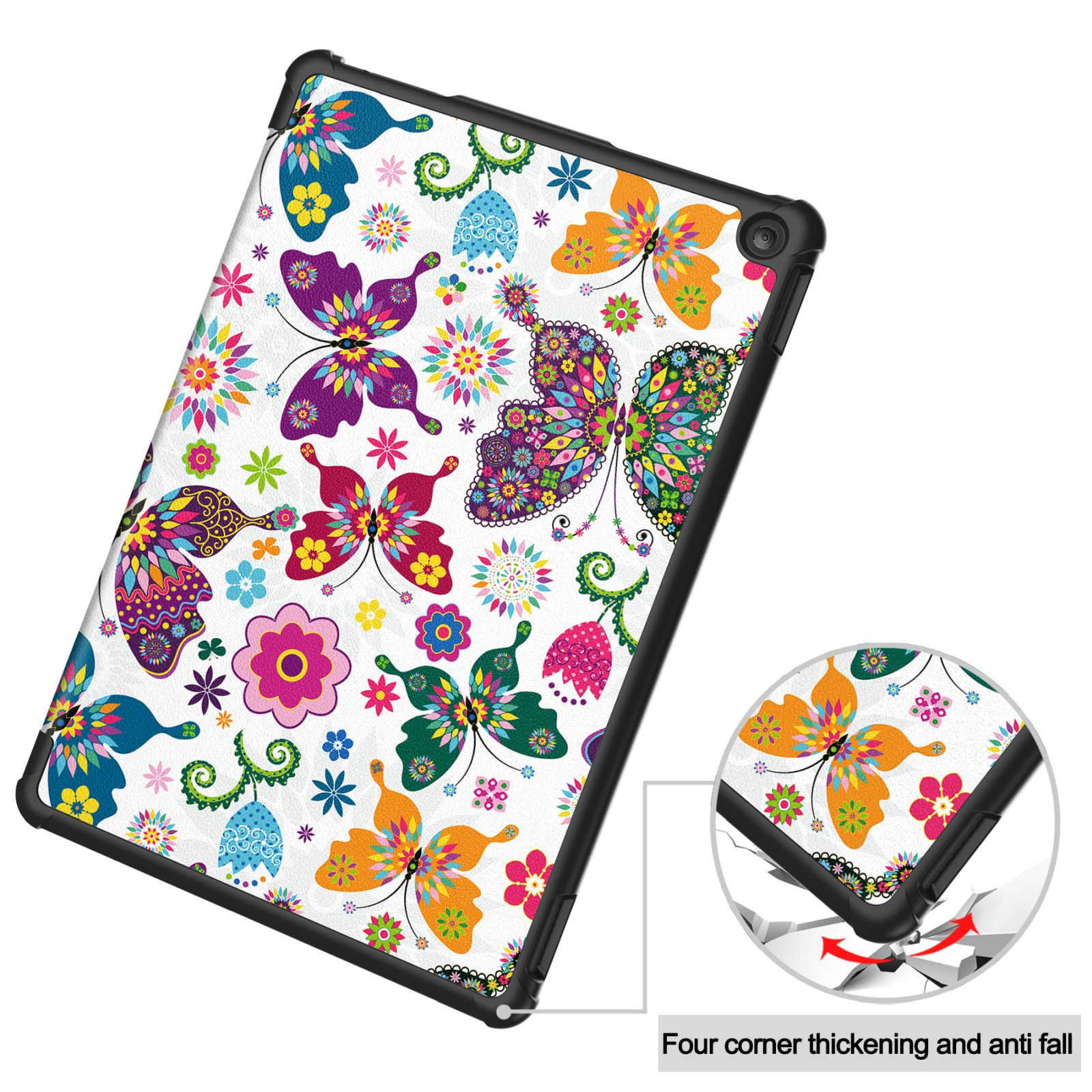Tablet-Hülle mit Schmetterlingen und Blumen. Weißer Hintergrund. Schwarzer Rand. Nahaufnahme der Ecke.