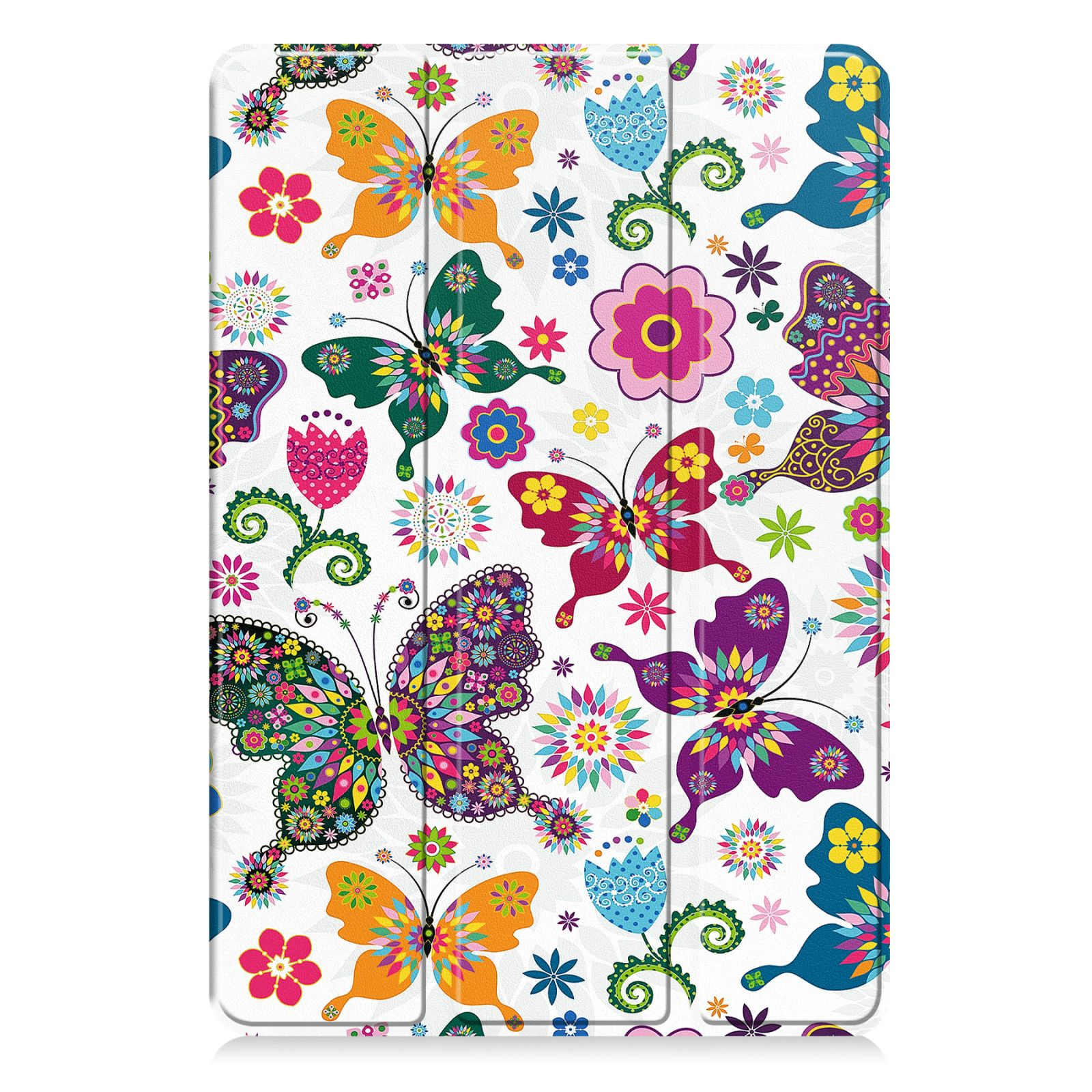 Tablet-Hülle mit buntem Schmetterling- und Blumenmuster auf weißem Hintergrund.
