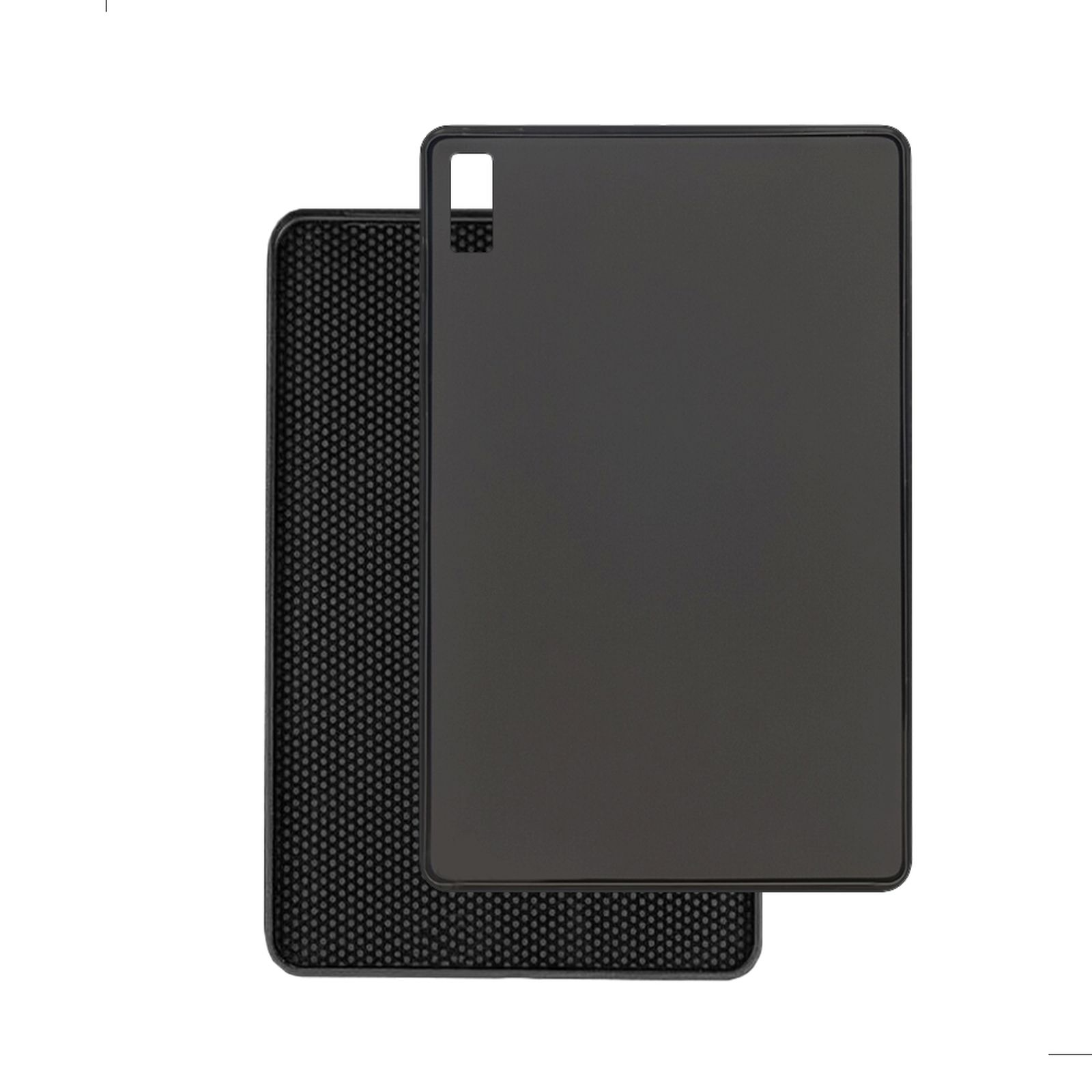 Eine schwarze Tablethülle mit strukturierter Rückseite und glatter Vorderseite, die übereinander liegen.