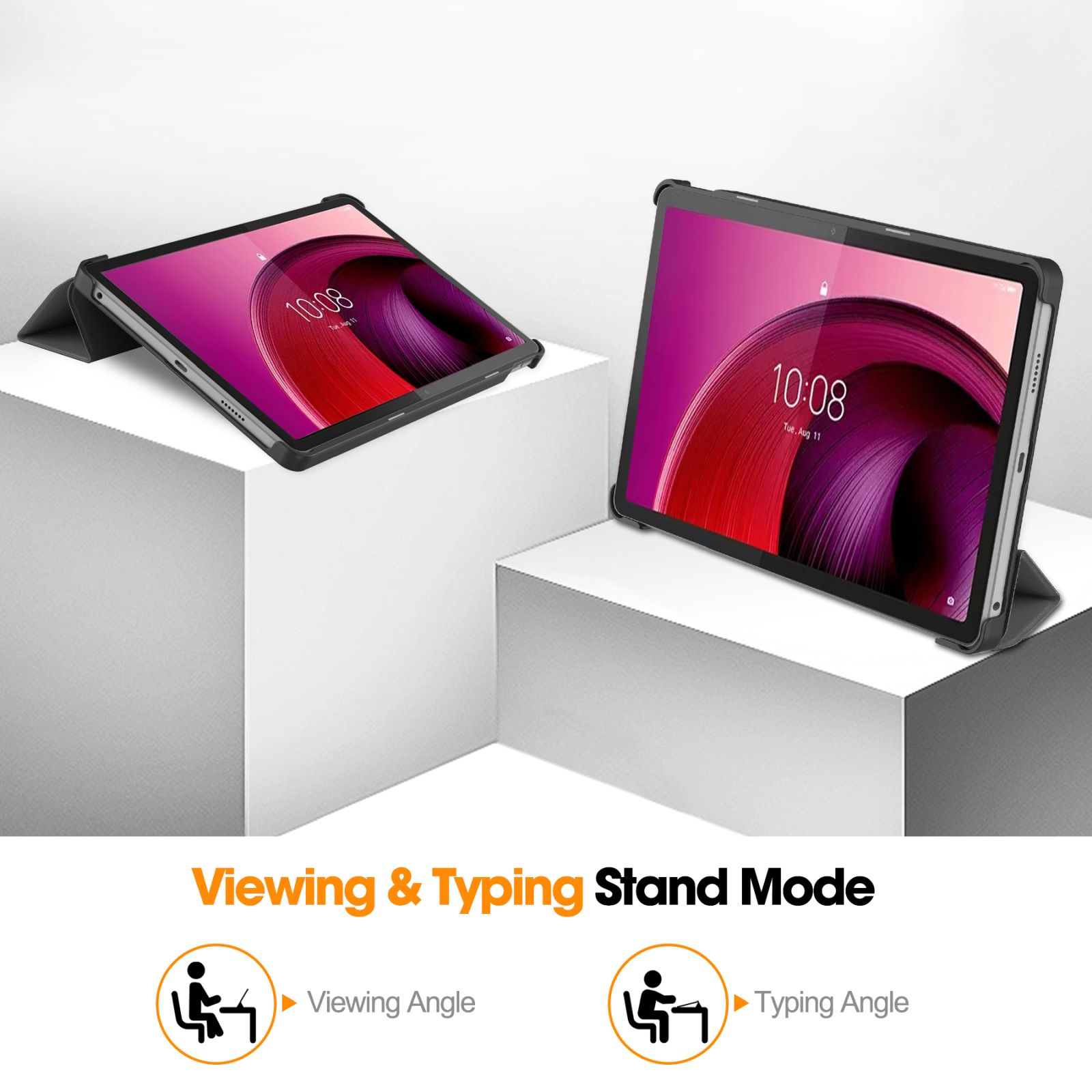 Zwei Tablets in Hüllen auf weißen Blöcken. Text: Viewing & Typing Stand Mode.