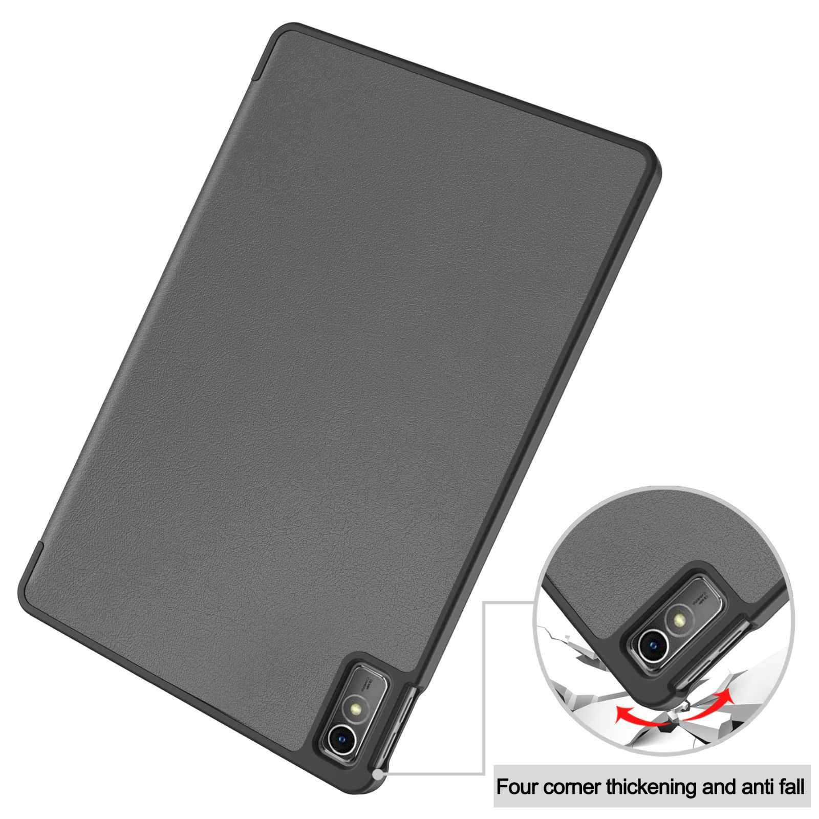 Eine dunkelgraue Tablet-Hülle mit Schutzdesign und Nahaufnahme der Ecken.