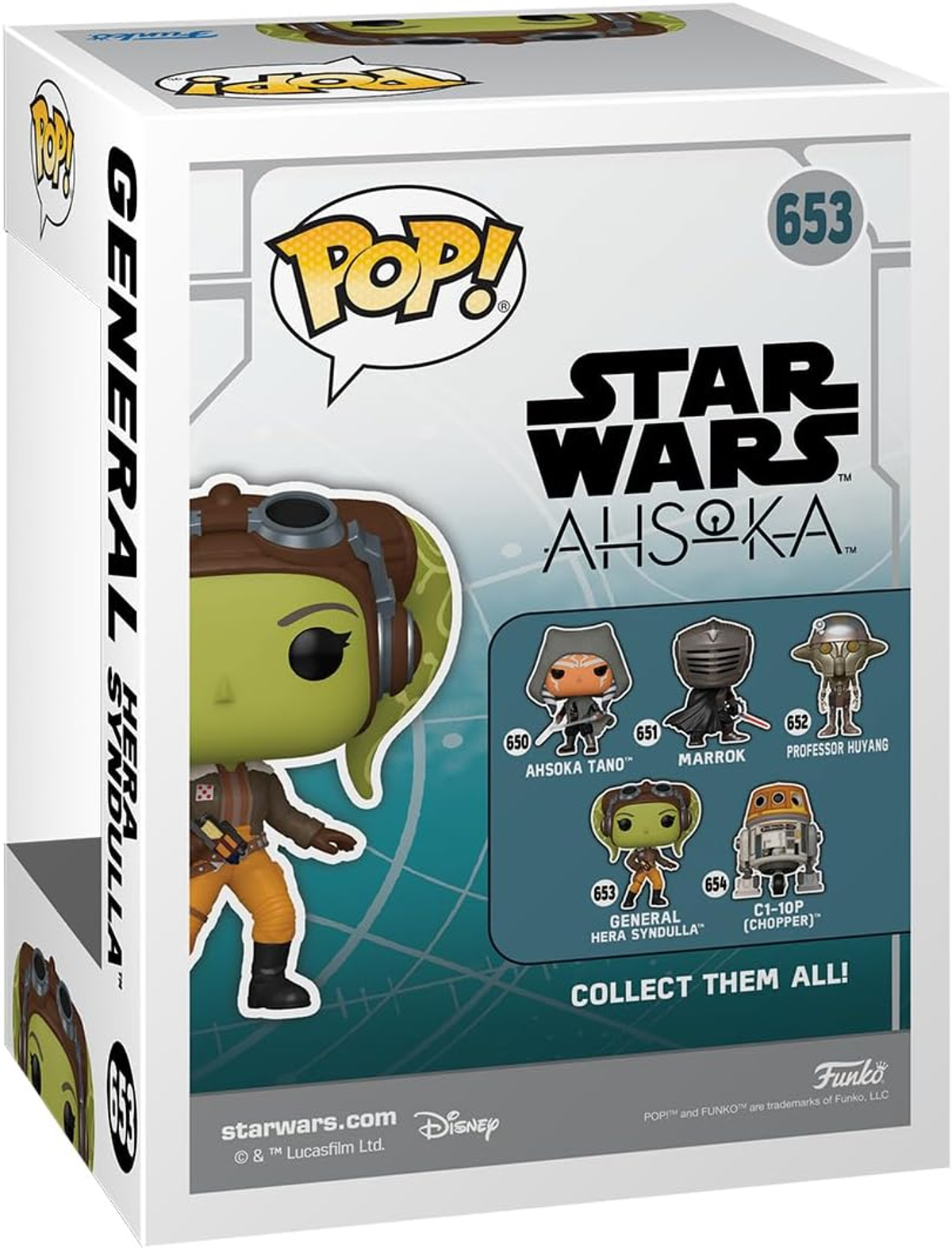 Funko Pop Box mit Ahsoka Tano Figur. Star Wars Logo, Figurenliste, weißer Hintergrund.