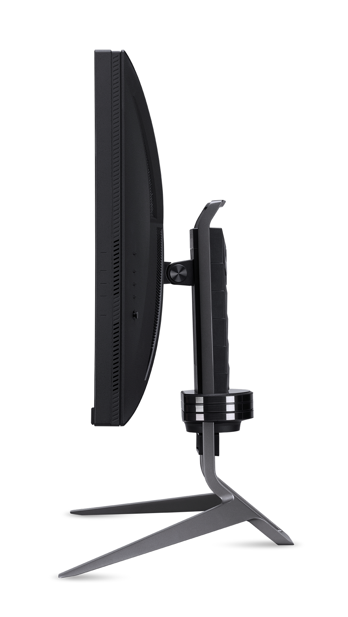Een zwarte monitor, zijaanzicht, met een dun frame, op een standaard gemonteerd.