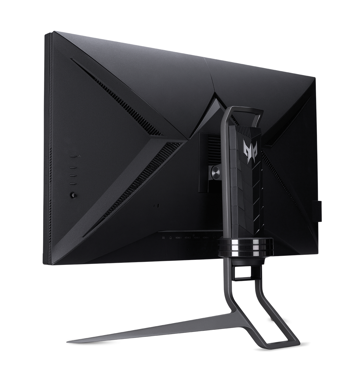 Zwarte computermonitor, schuine weergave, achterkant met standaard getoond.