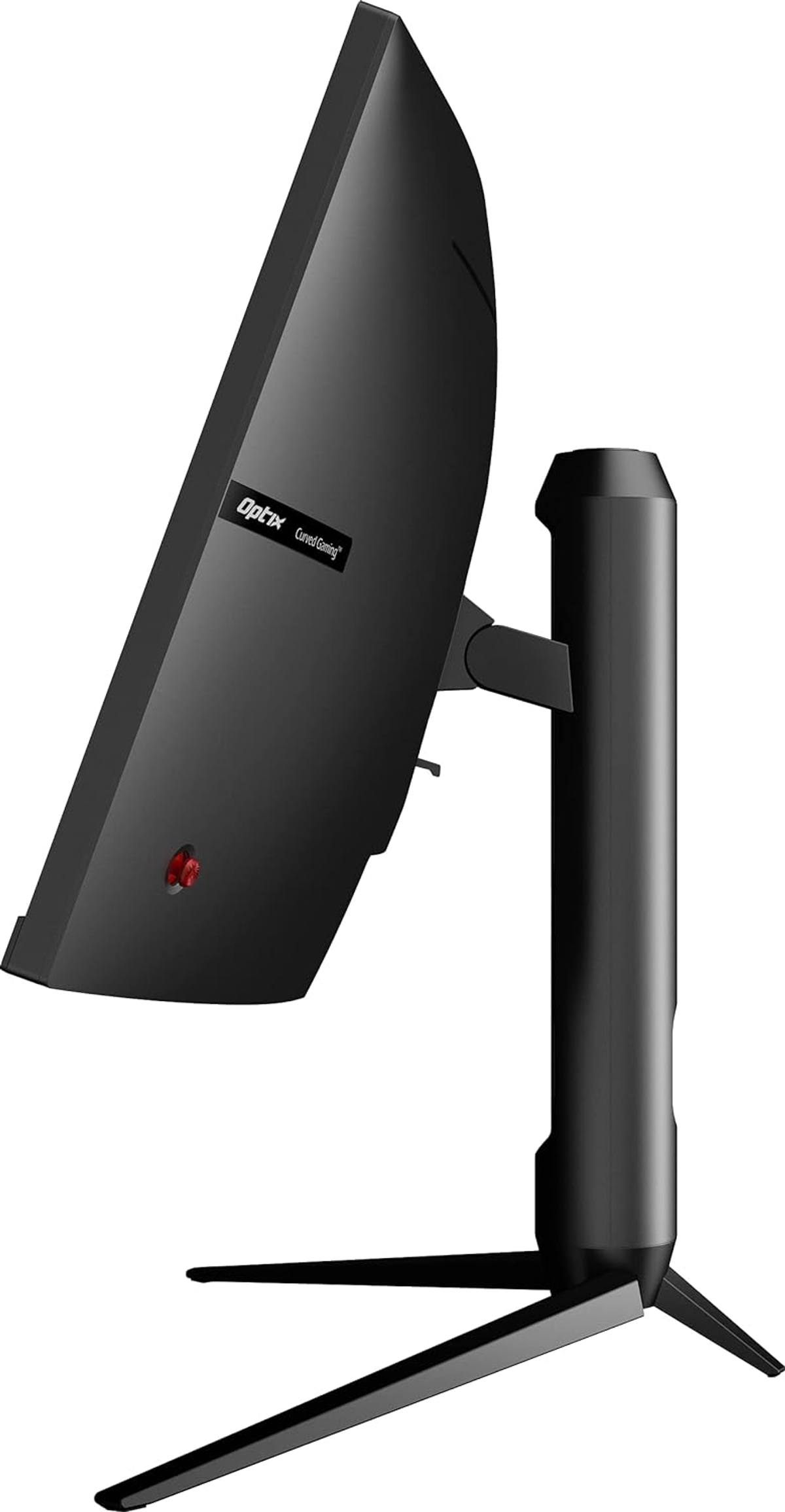 Un monitor curvo da gioco MSI Optix nero visto di lato, su sfondo bianco.