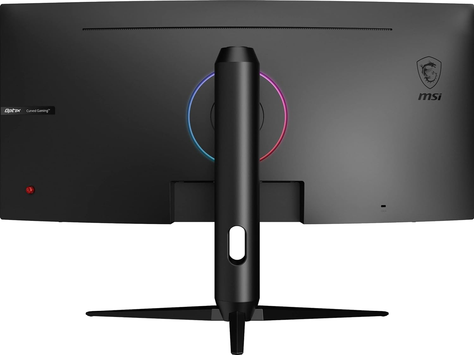 Vista posteriore di un monitor curvo da gioco MSI nero con supporto.